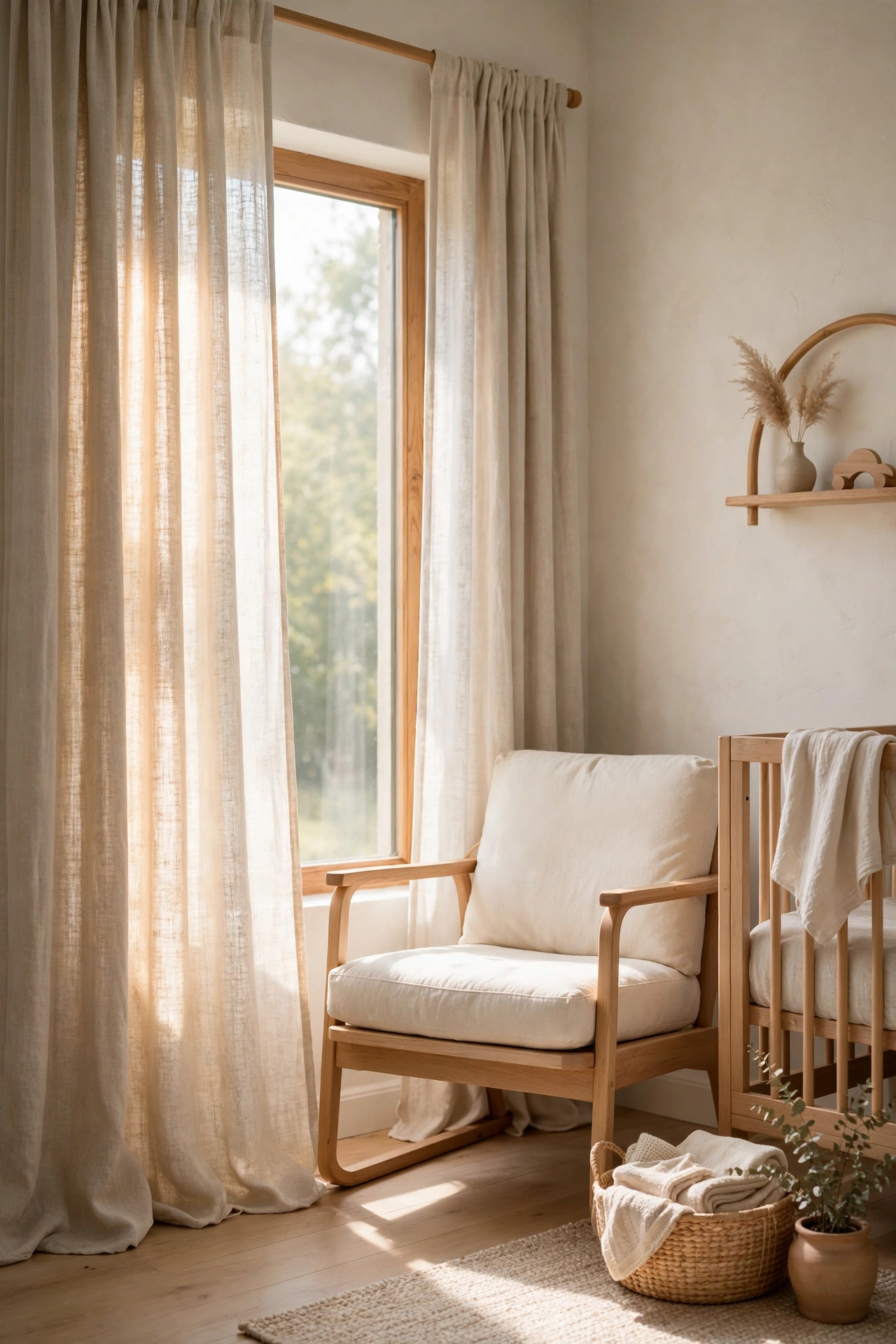 Oatmeal linen curtains glowing in daylight beside a light oak nursing chair in a bright organic modern nursery