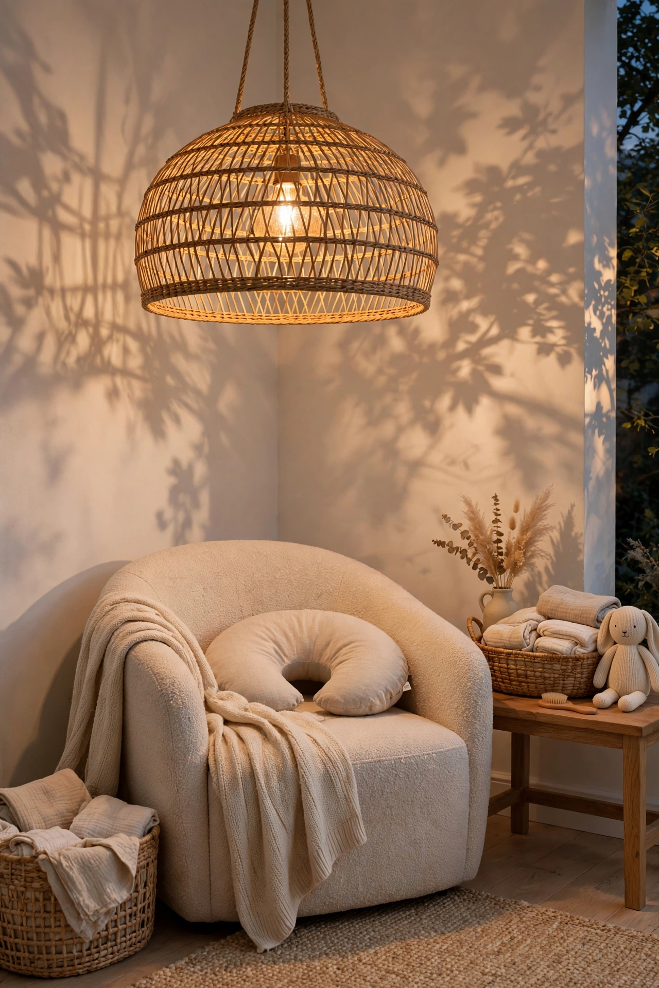 Woven rattan pendant light glowing warm over a nursery nursing corner with an oak chair below