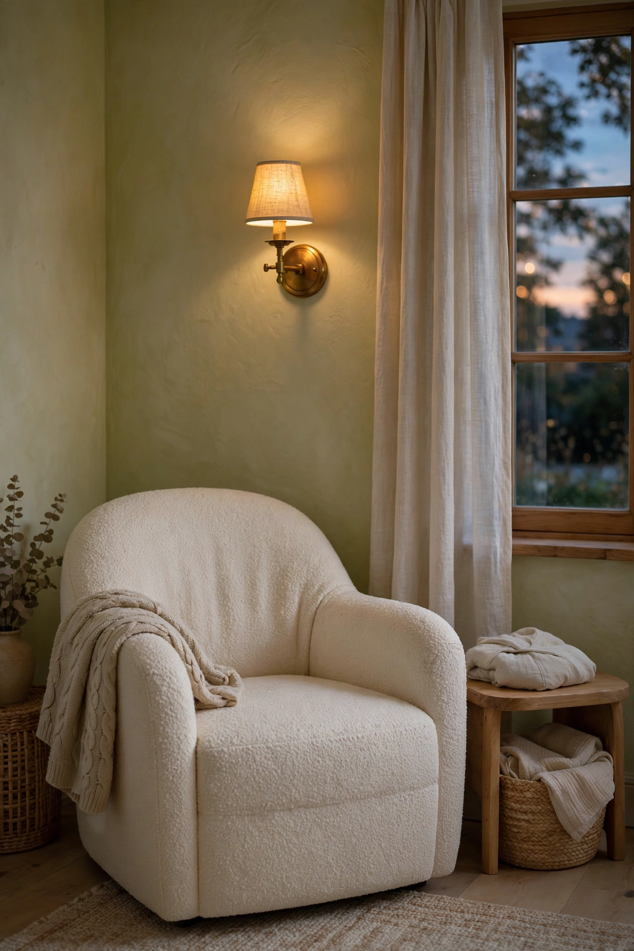 Warm brass wall sconce glowing on a limewashed wall beside a curved boucle nursing chair at dusk