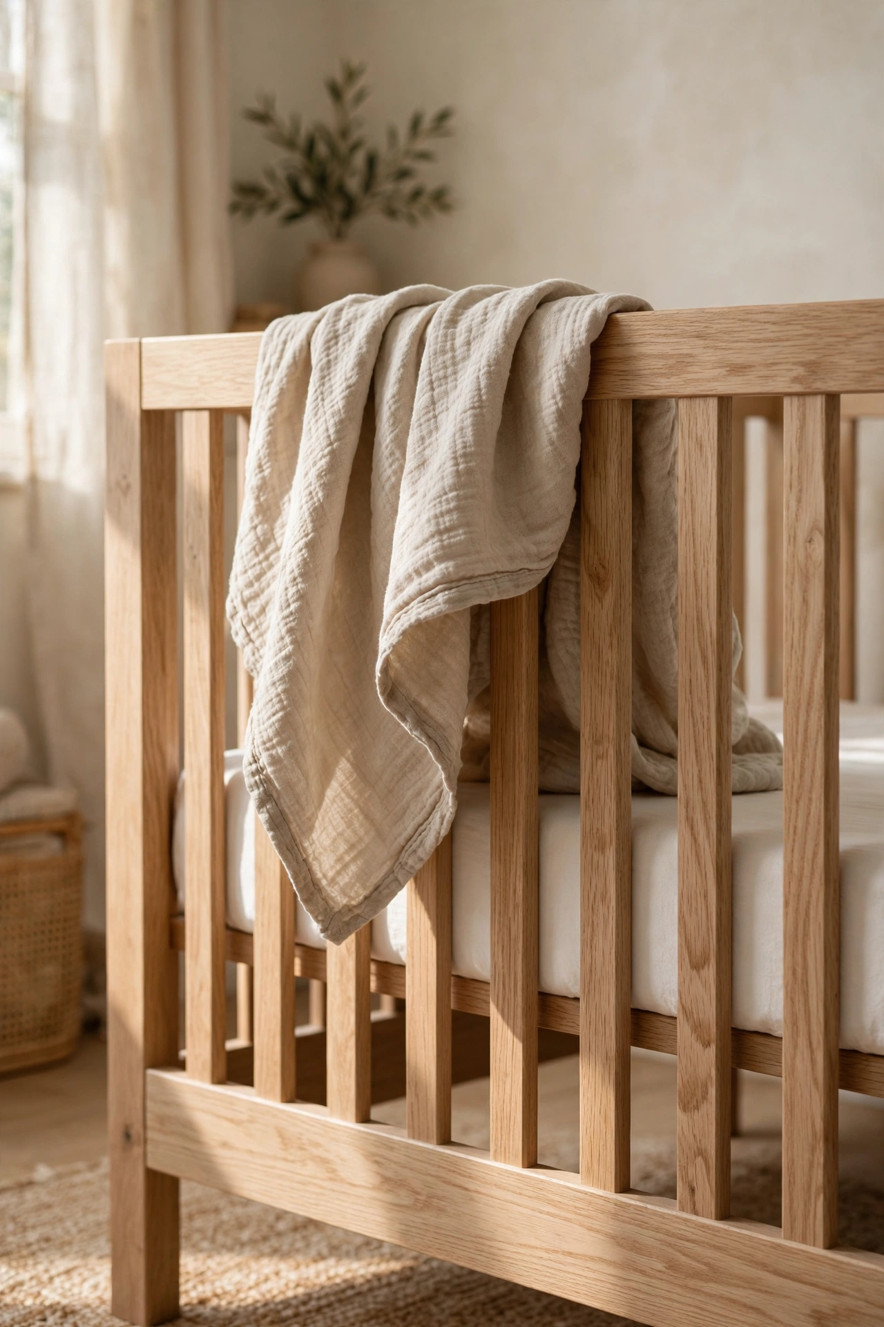 Solid white oak crib with simple vertical slats and oatmeal muslin draped over the rail in morning light