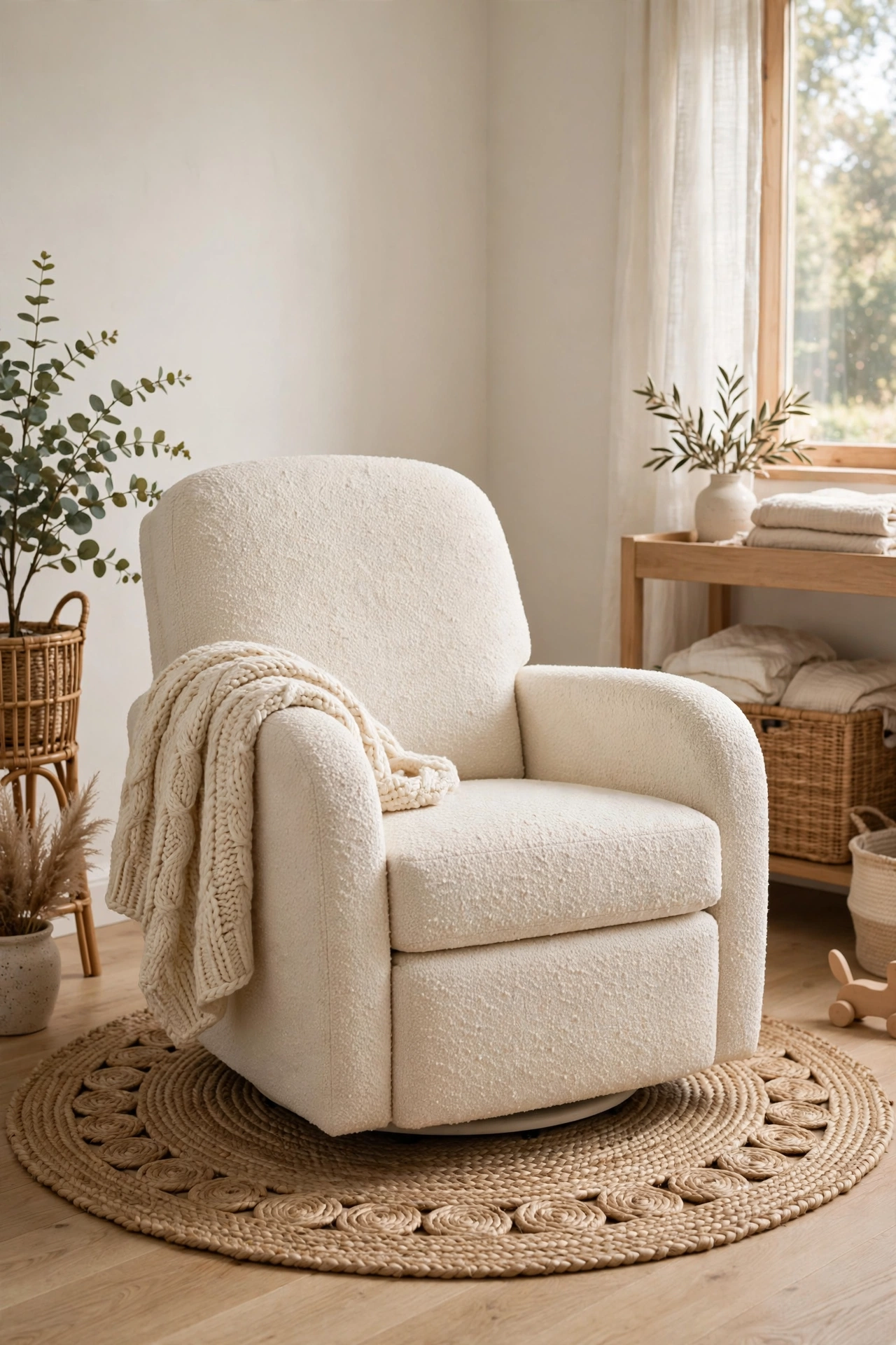 Curved boucle glider nursing chair with a buttercream knit throw on a round jute rug in a nursery corner