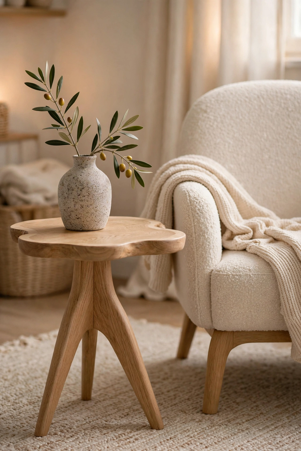 Organic shaped oak side table with a handmade stoneware vase holding an olive sprig beside a nursing chair