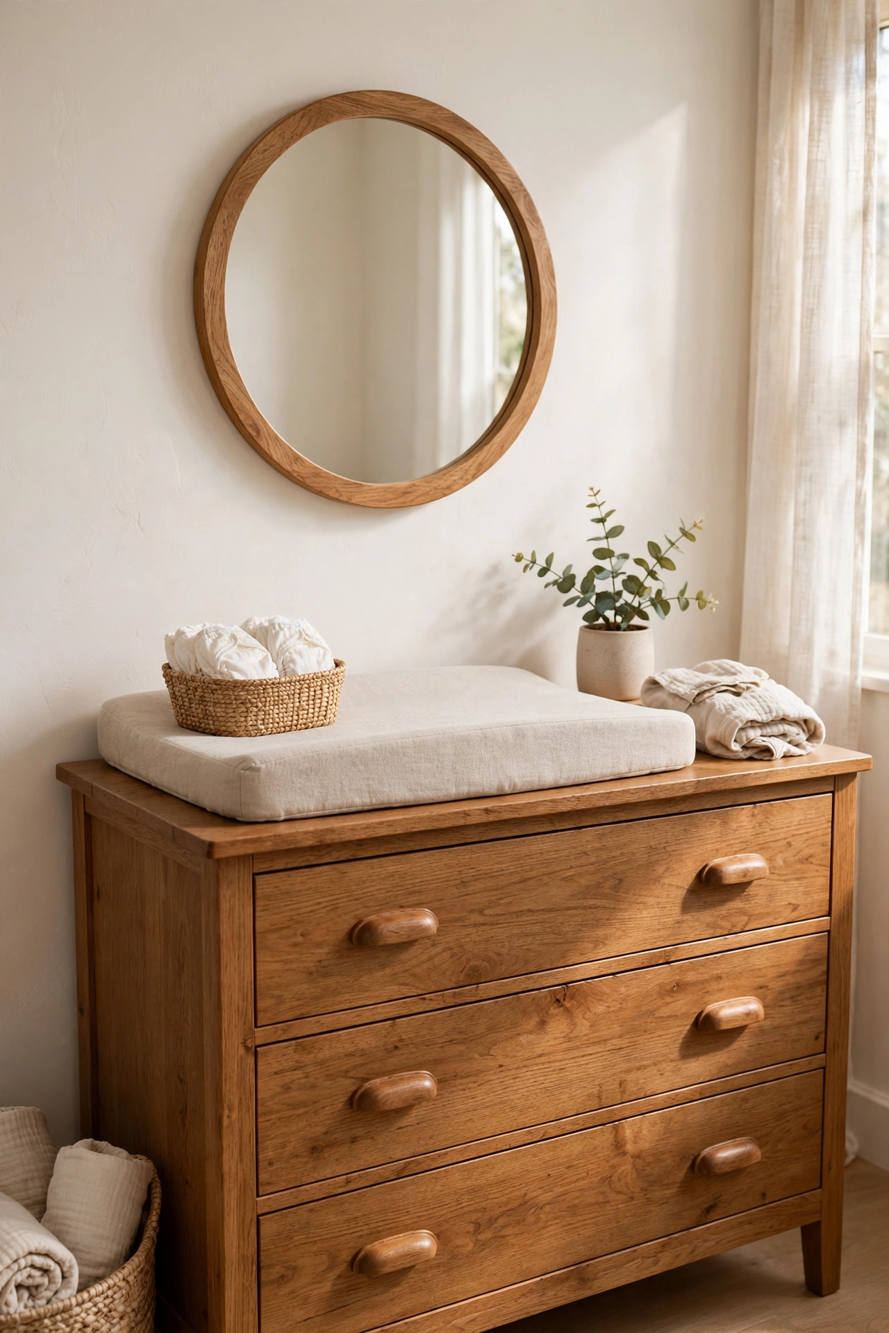 Warm oak dresser styled as a changing station with an oatmeal pad under a round oak framed mirror