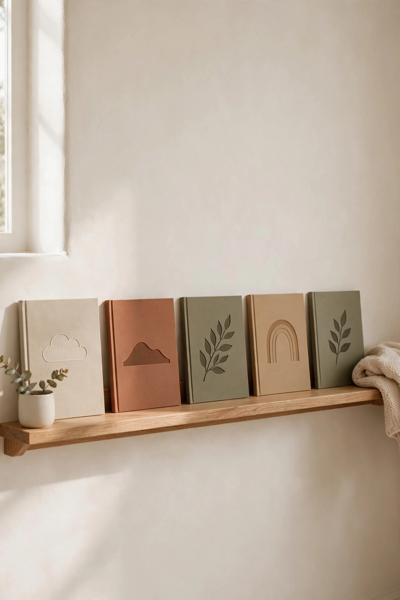 Low oak book ledge with muted picture books facing out on a warm white nursery wall