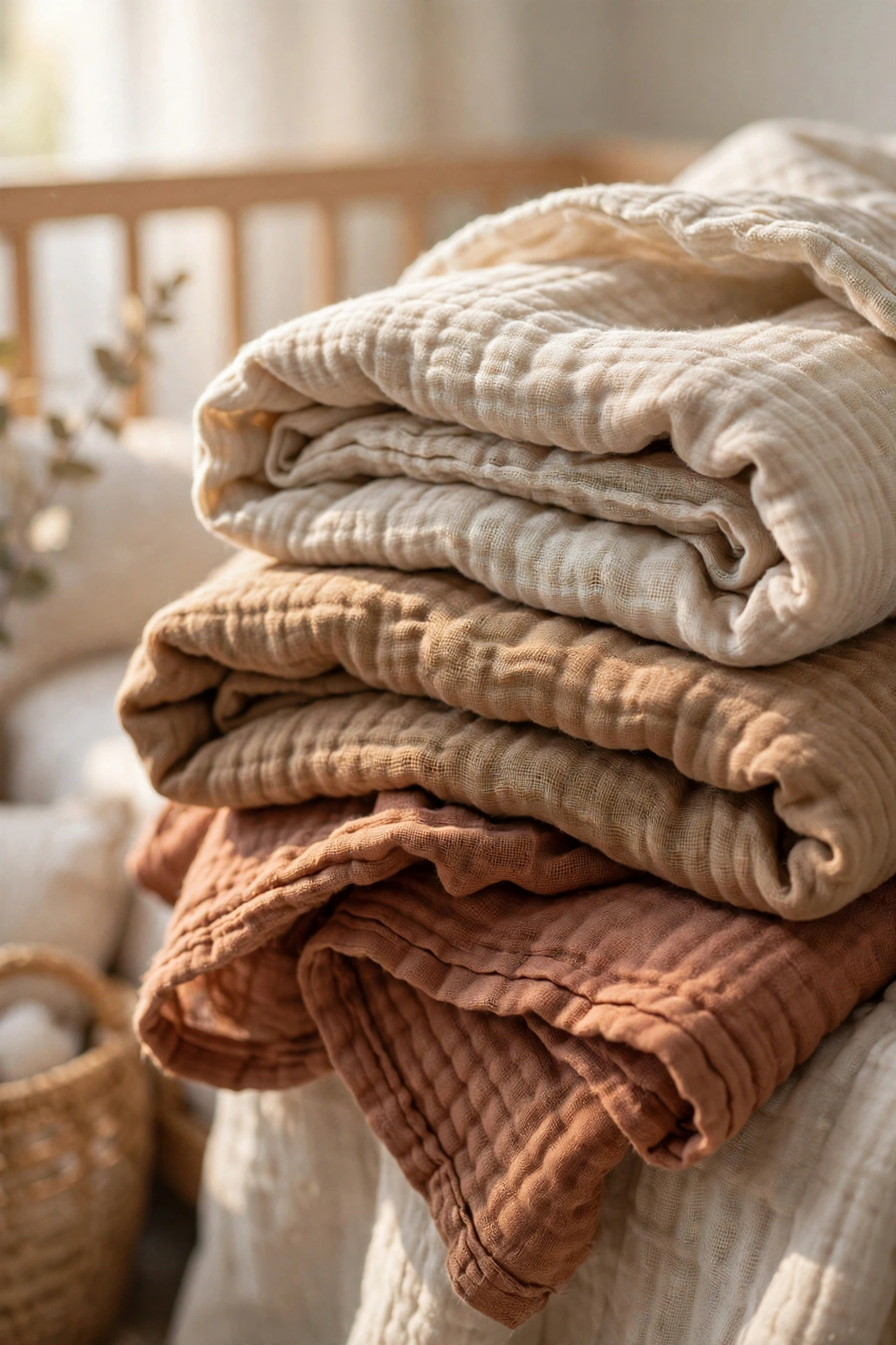 Muslin blankets in oatmeal camel and rust layered softly in a nursery with gentle morning light