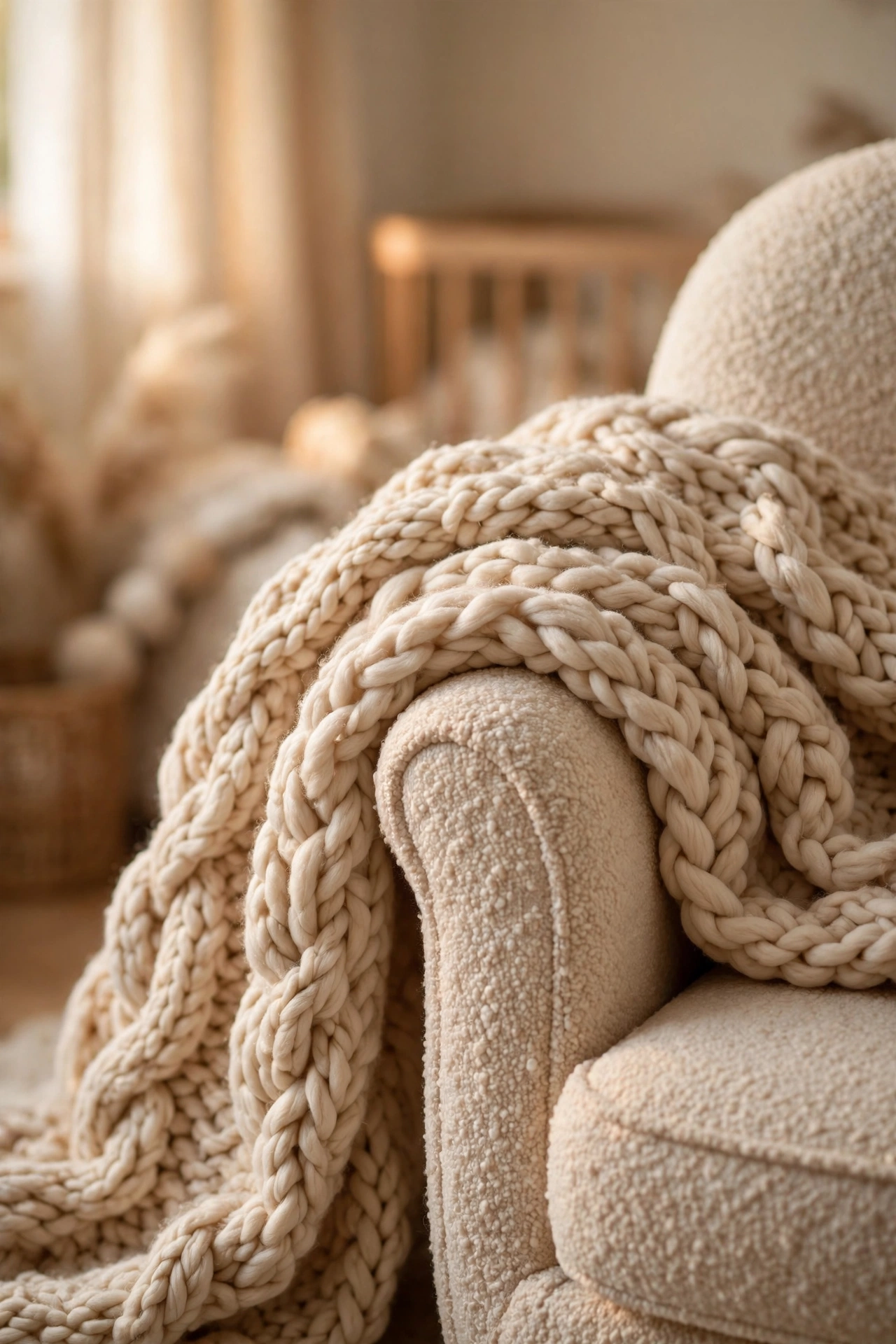 Chunky buttercream knit throw draped over a glider arm showing soft woven texture close up