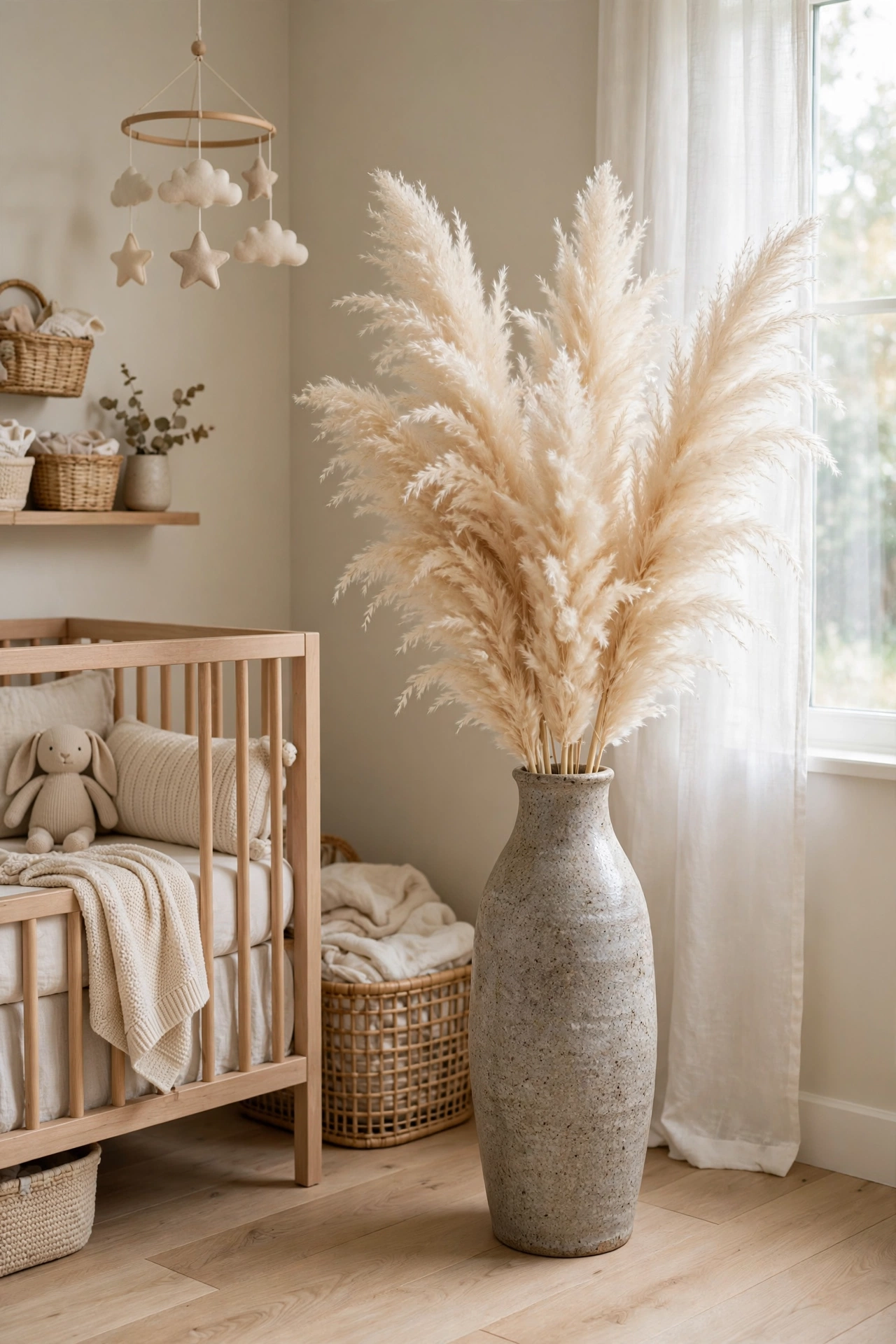 Dried pampas grass in a handmade stoneware vase in a nursery corner with soft daylight