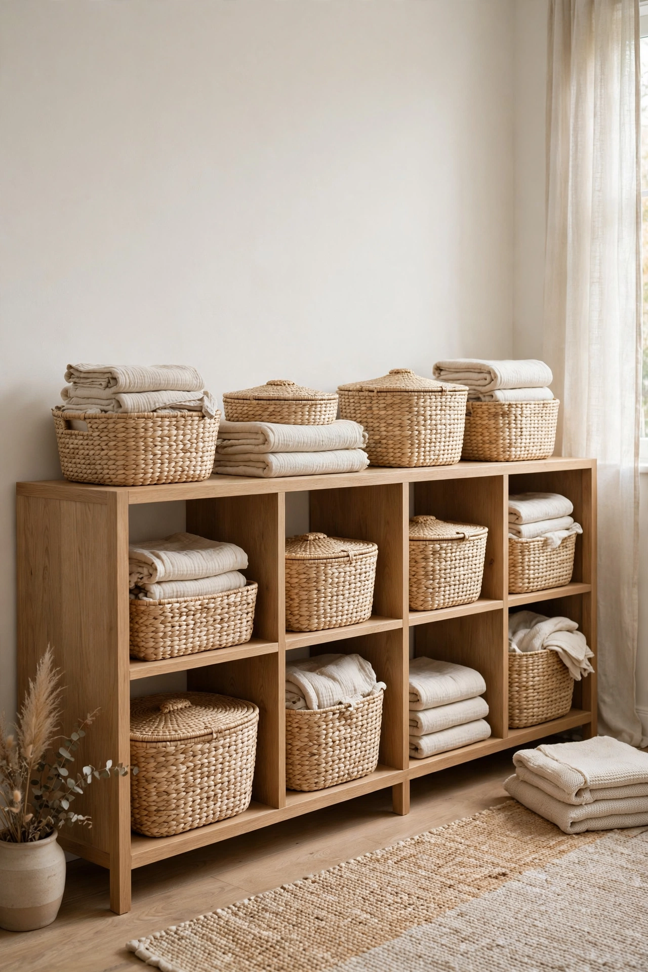 Low open oak shelves styled with lidded seagrass baskets and folded oatmeal muslin blankets