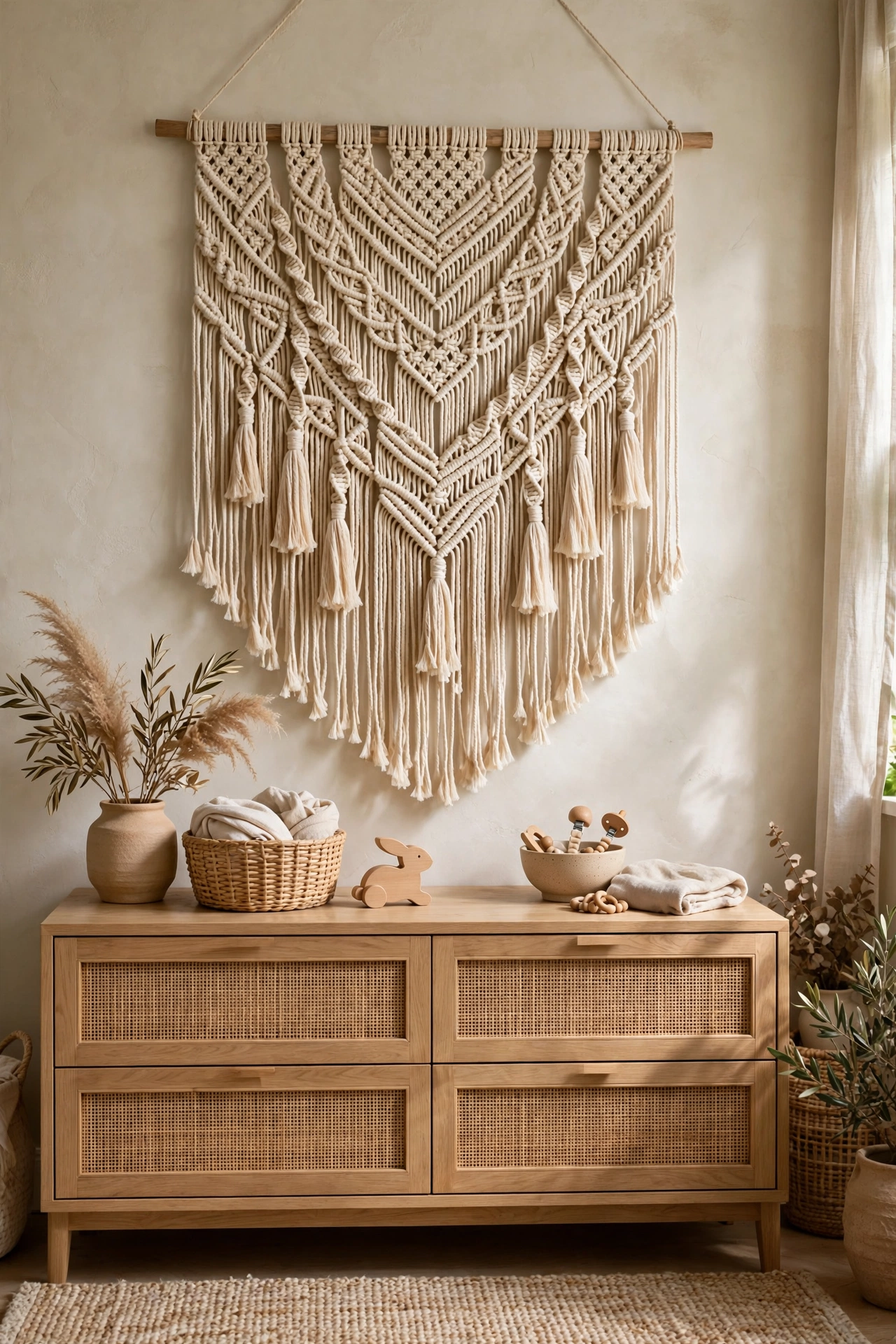 Woven macrame wall hanging in warm neutrals above an oak dresser in an organic modern nursery