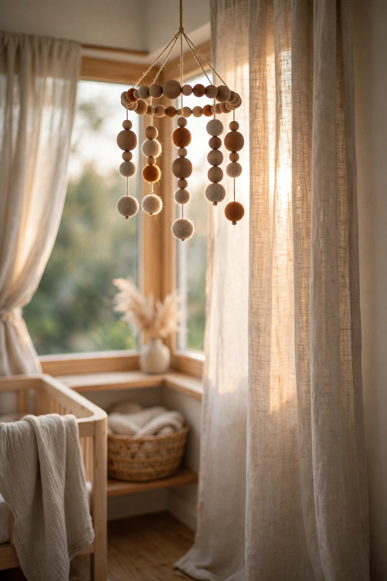 Wooden bead mobile with oatmeal and rust felt balls turning gently near a nursery window with linen curtains
