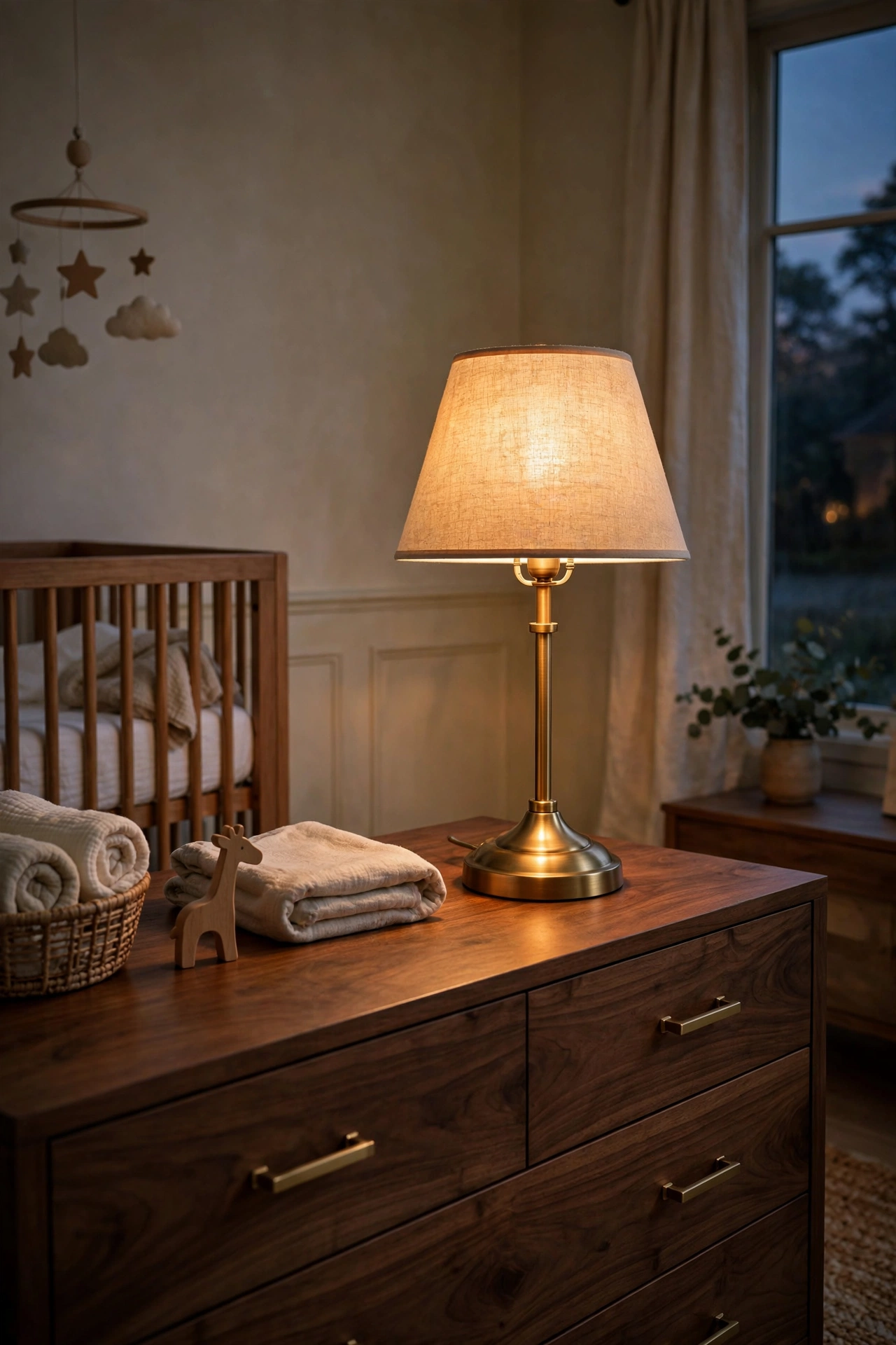 Brushed brass table lamp with a natural linen shade glowing warm on an oak dresser at dusk