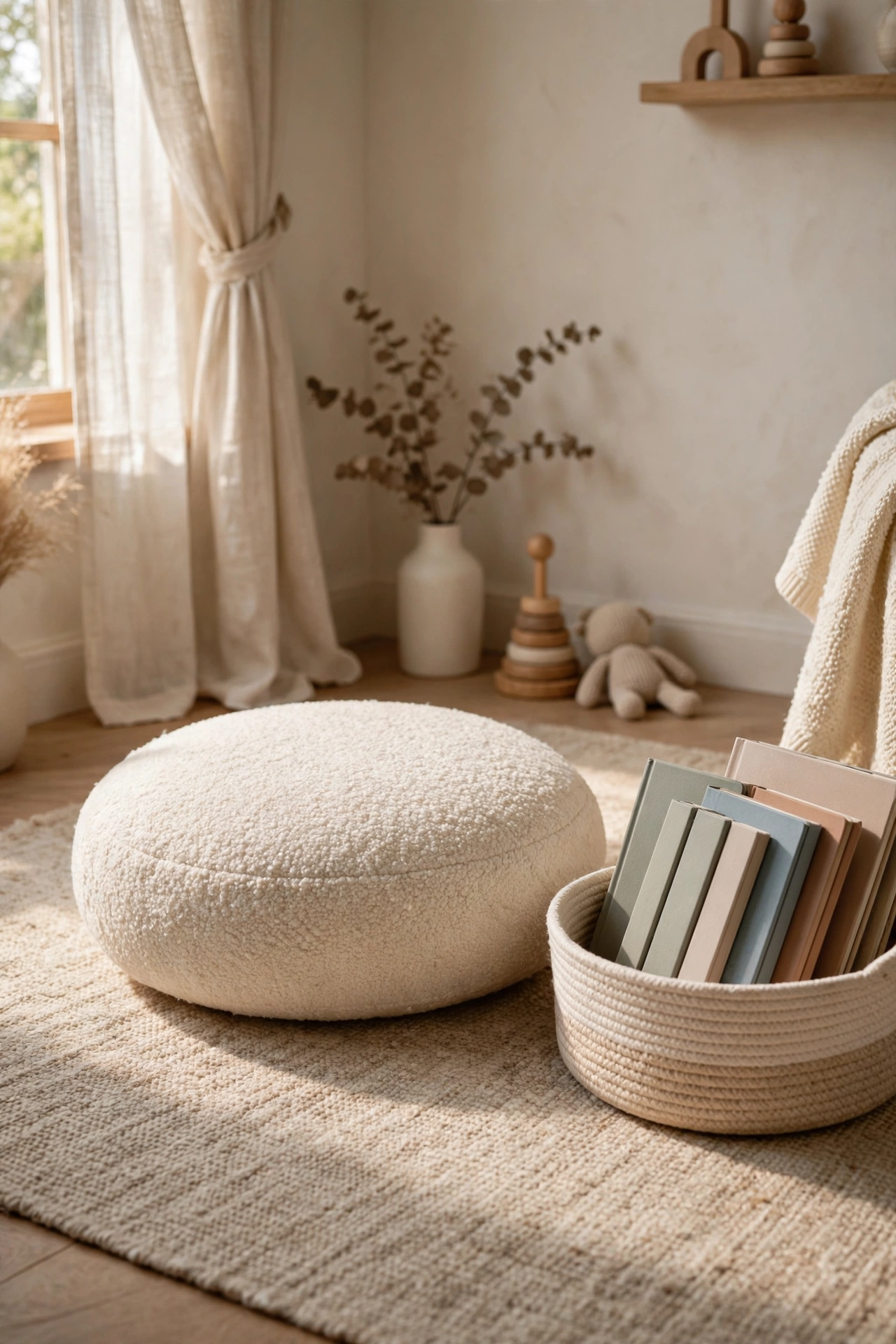 Round boucle floor cushion reading nook with a low basket of board books on a soft nursery rug