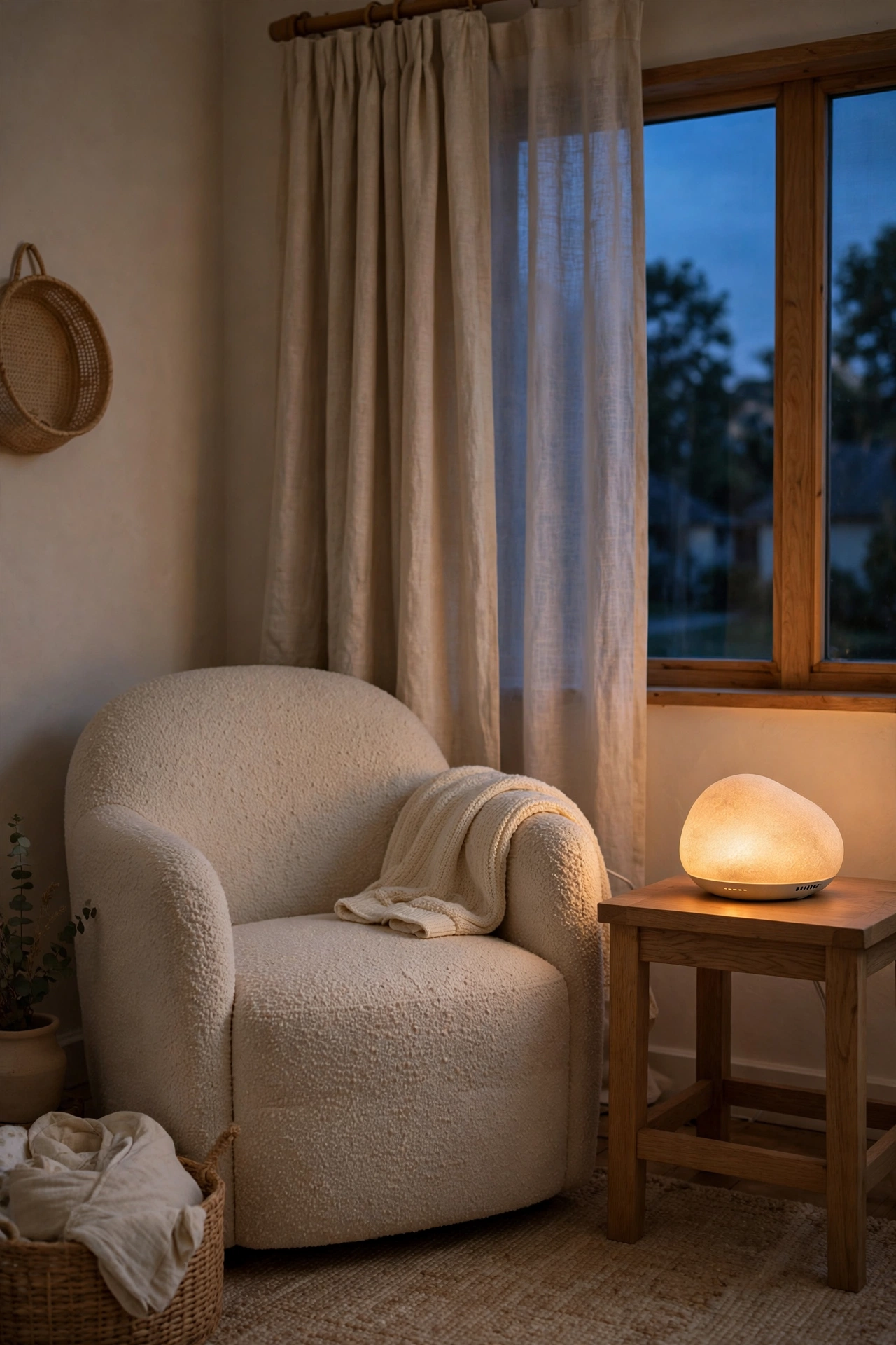 Nursing chair at dusk with a small glowing sound machine on a side table in warm amber light