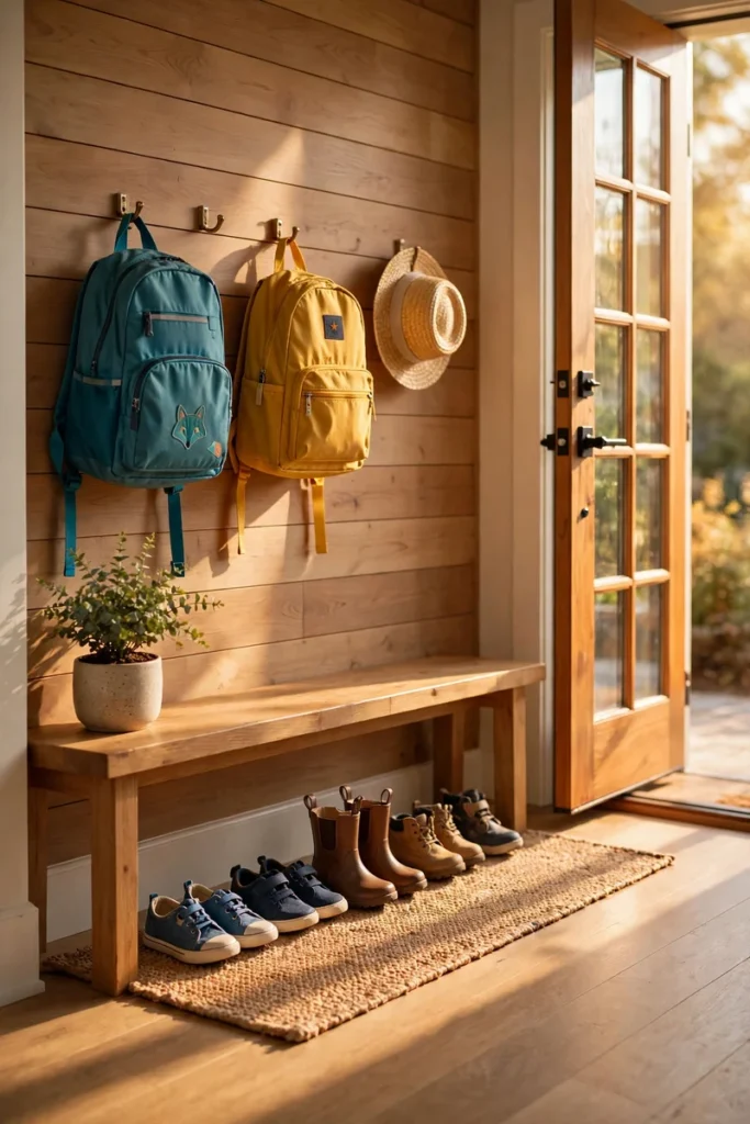 A warm entryway with kids backpacks hanging on wooden hooks and shoes lined up in baskets in soft afternoon light.