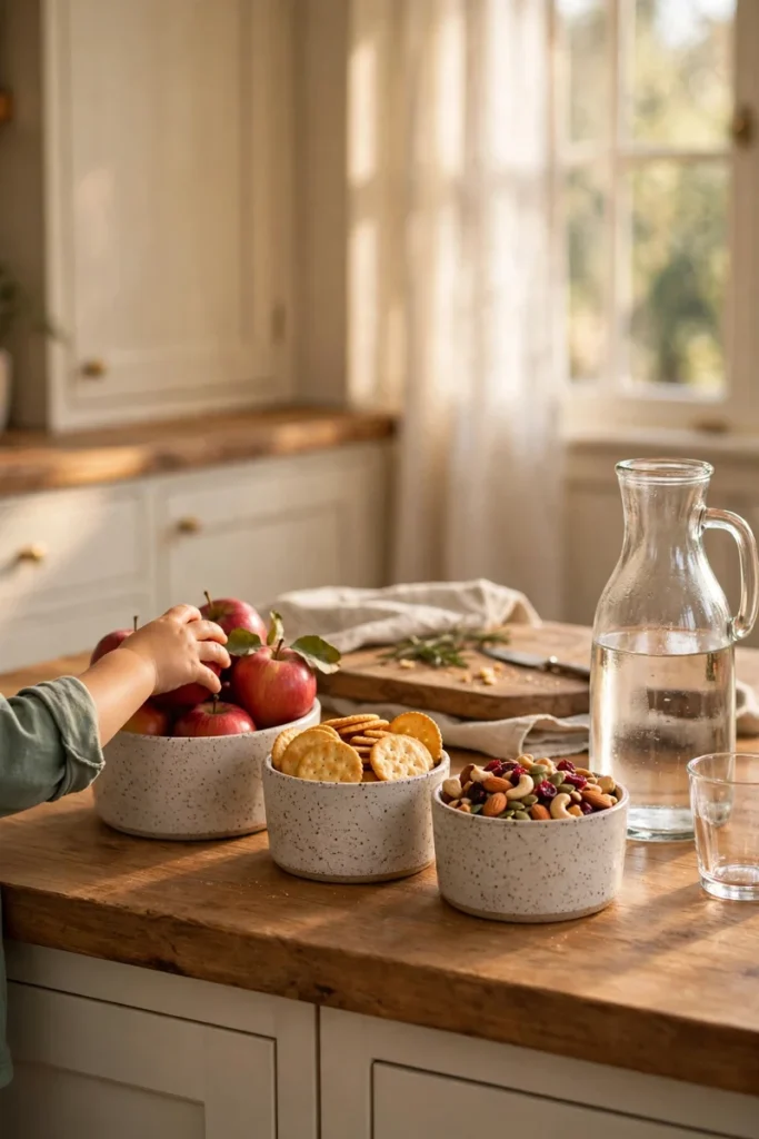 A kitchen counter snack station with small bins of fruit and crackers and a water carafe, a child's hands reaching for an apple.