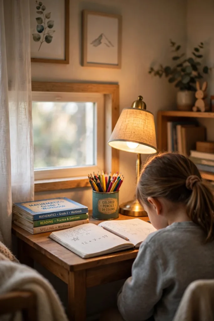 A cozy homework nook with a small desk, notebook and pencils, a child seated and writing, seen from behind in warm lamplight.
