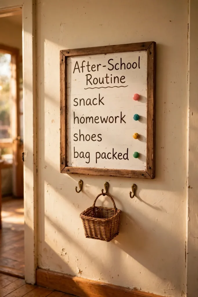 A wall mounted after school routine checklist with colorful magnets in a warm hallway.