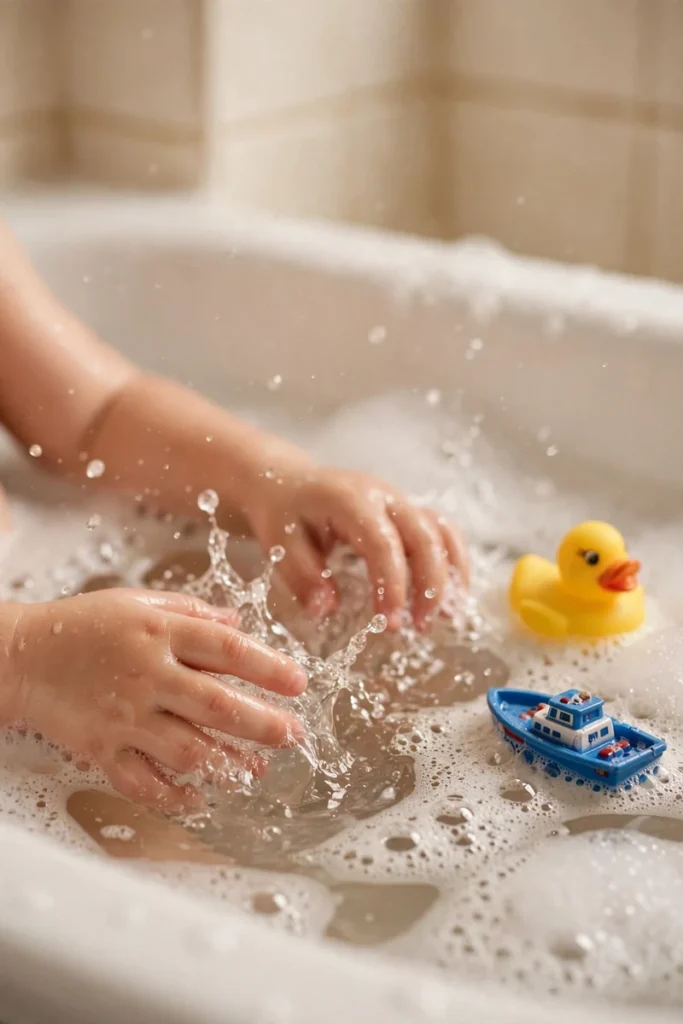 Small hands playing with bath toys and bubbles in tub water, close-up.