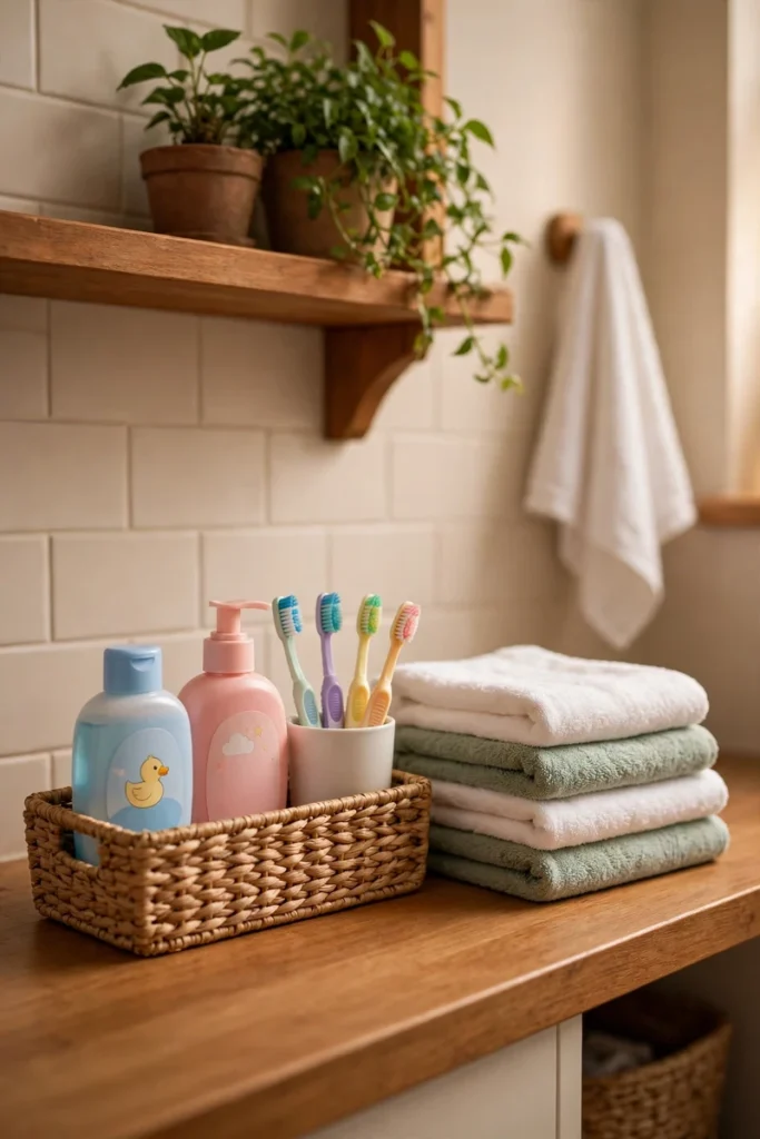 A bathroom counter organized with kids' toiletries in a small caddy and folded towels in warm light.