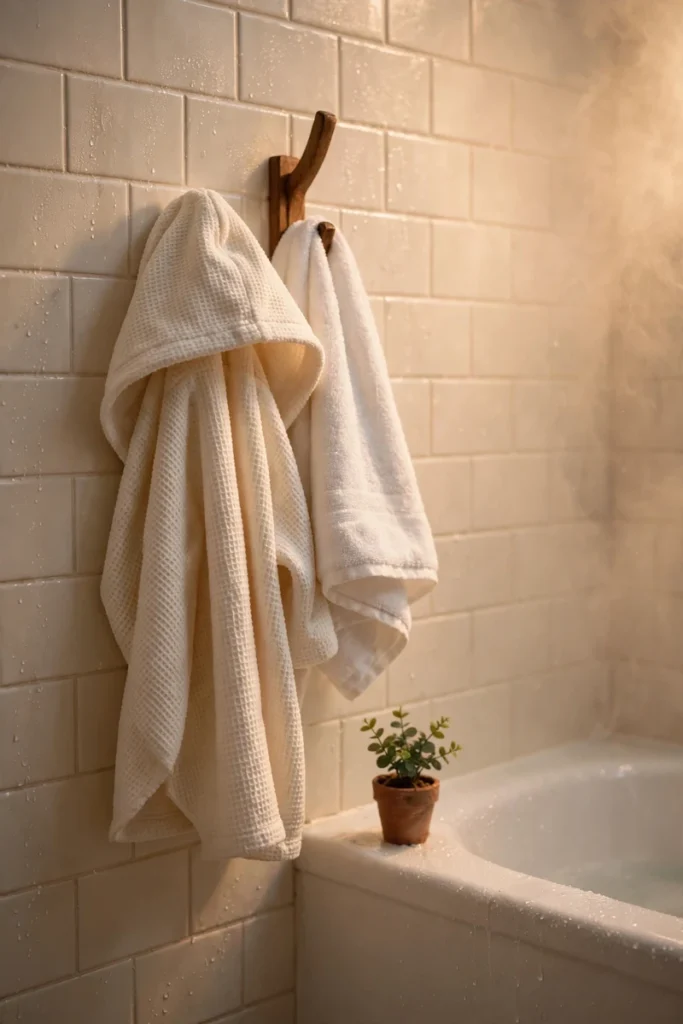 A child's bathrobe and towel warming on a hook next to the tub, cozy detail shot.
