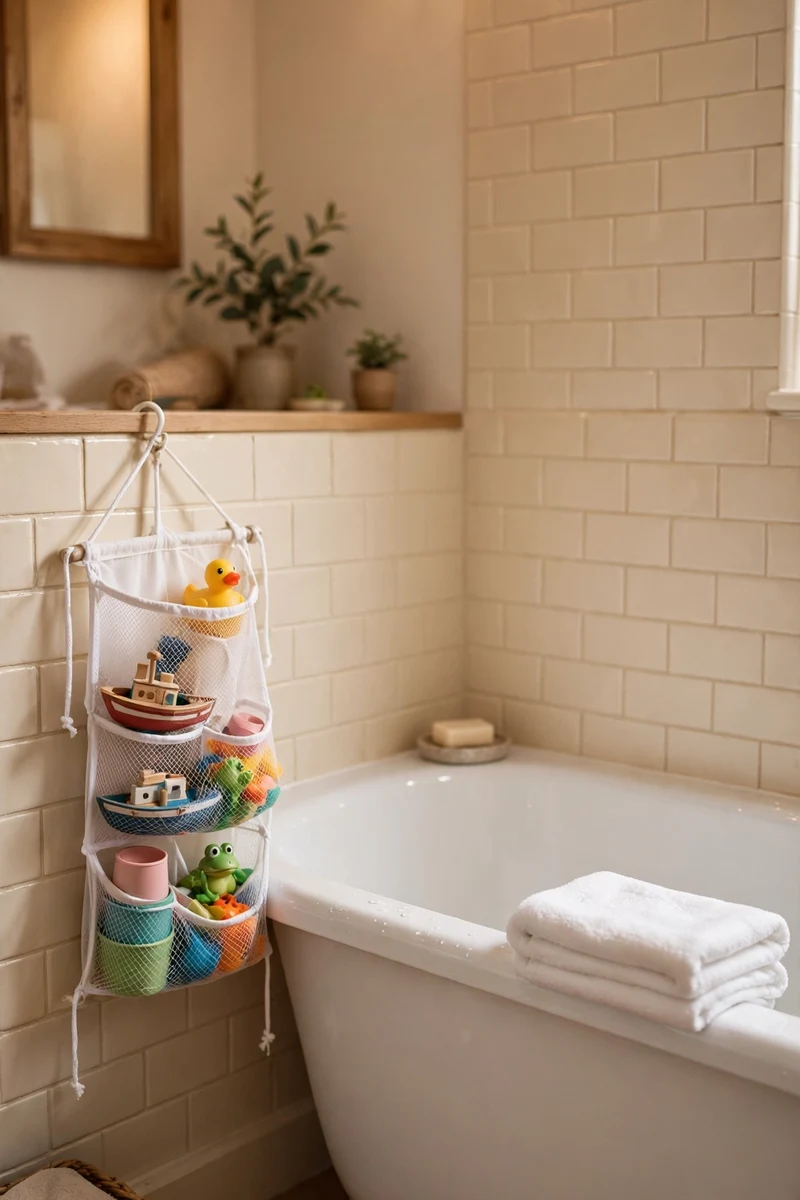 A tidy bathtub with a hanging mesh toy organizer full of bath toys in warm light.