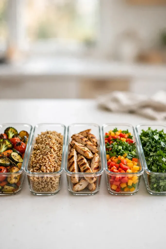 Glass meal prep containers lined up on a bright kitchen counter, filled with colorful prepped ingredients
