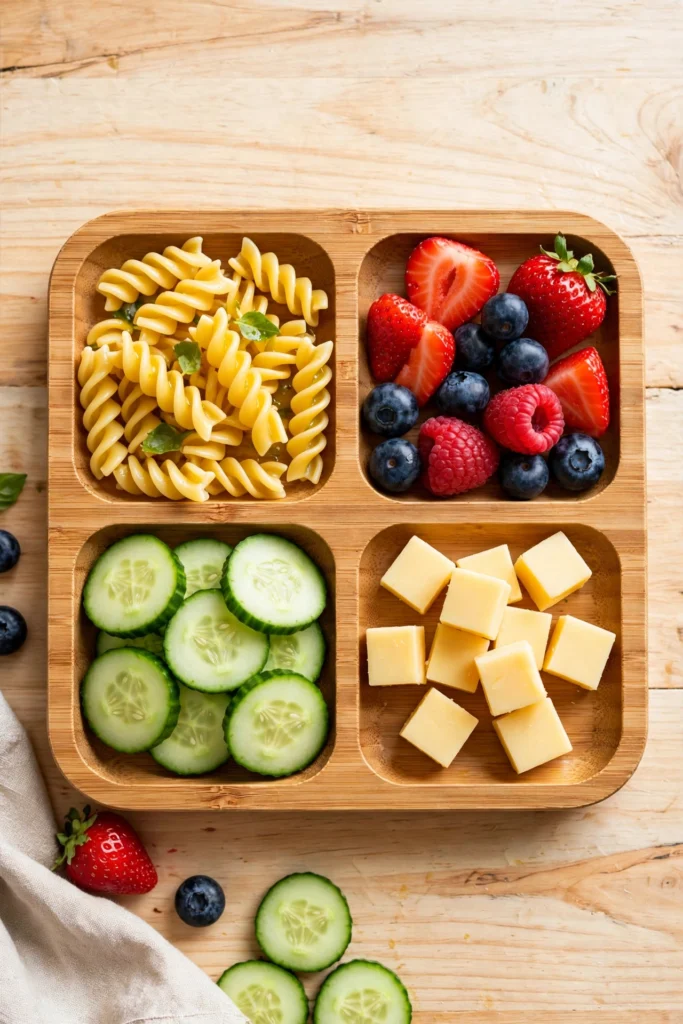 Overhead view of a bento-style divided plate with separated kid-friendly foods: spiral pasta, mixed berries, cucumber slices, and cheese cubes on a light wooden table