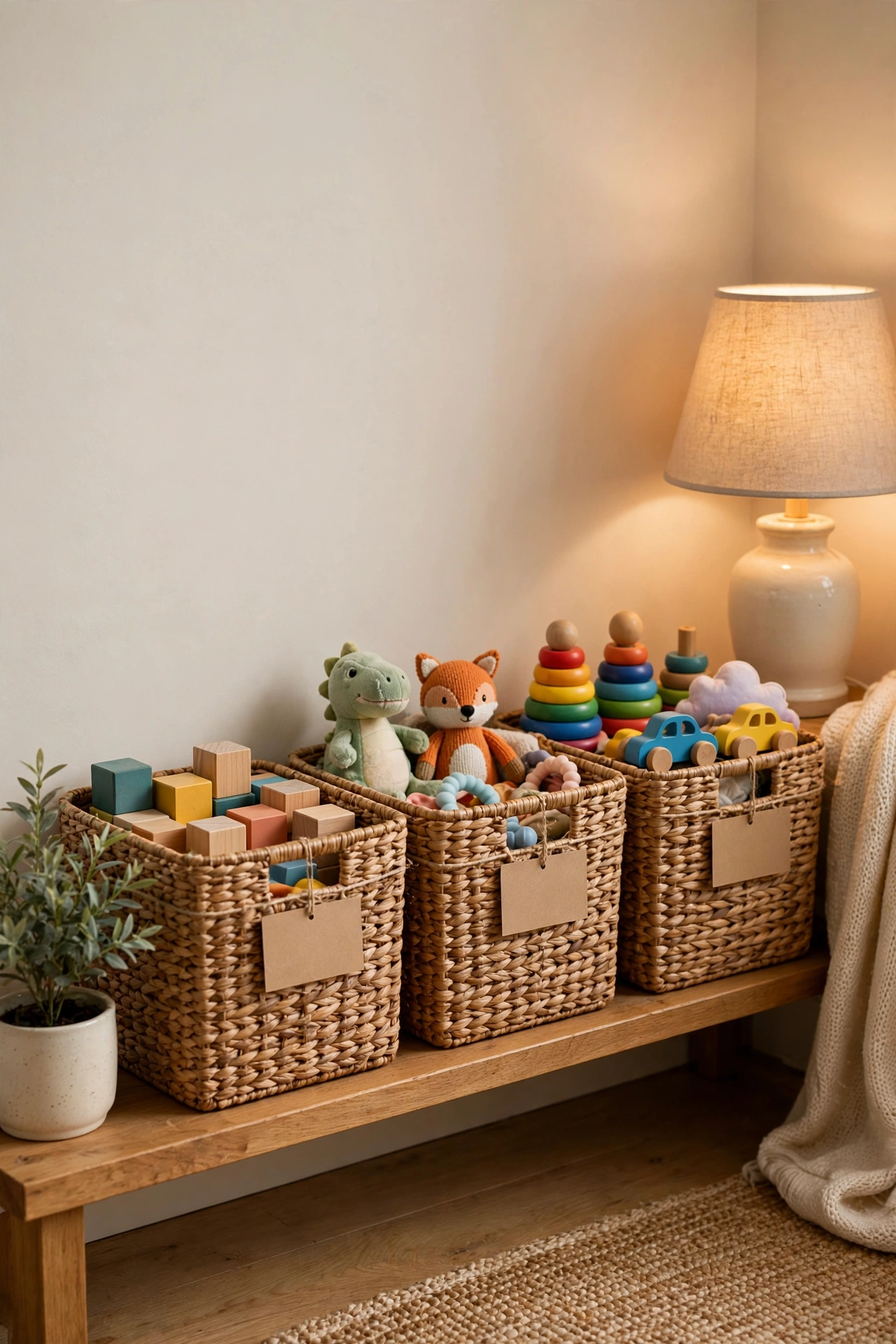 Labeled woven storage bins tucked into a cozy living room corner with toys neatly put away