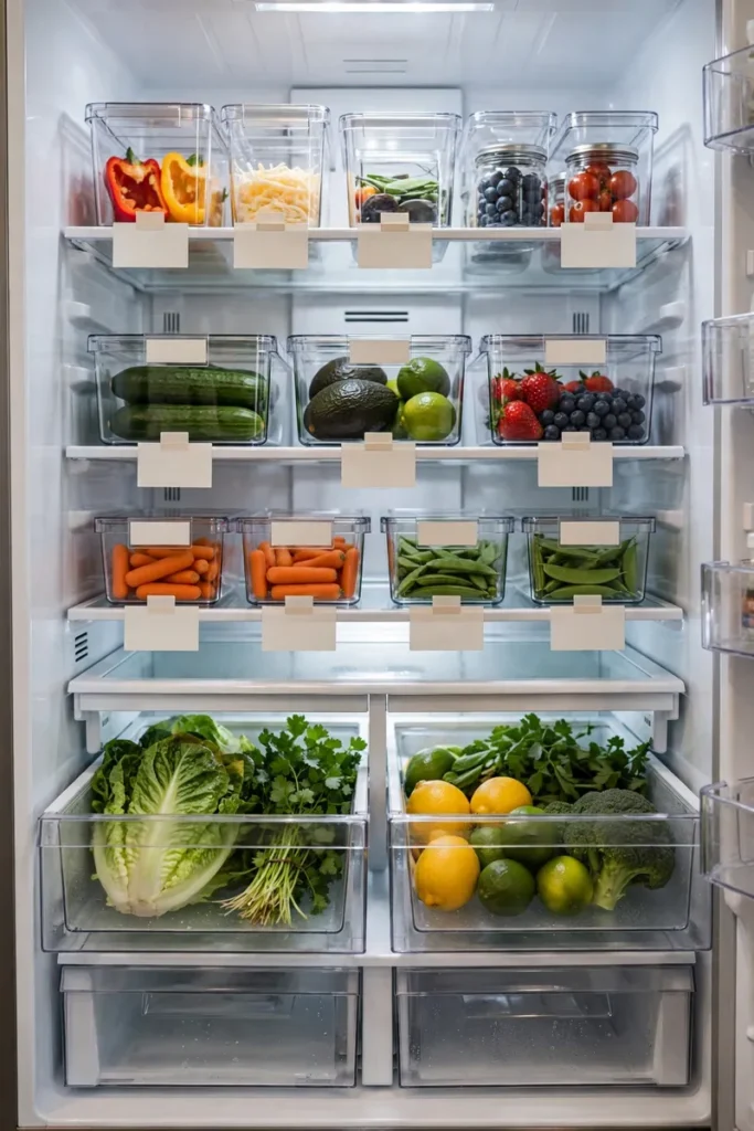 Organized refrigerator interior with clear storage bins of fresh produce