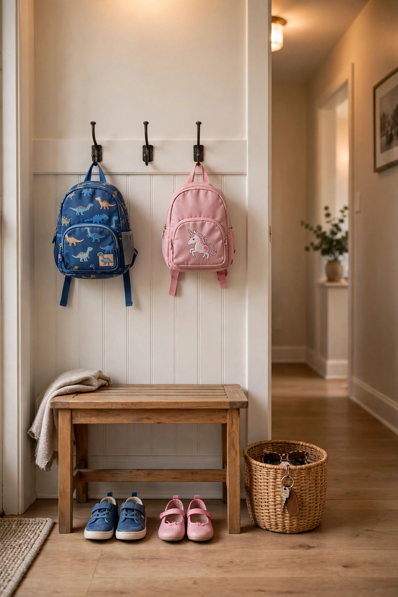 Entryway launch pad with backpacks on hooks and shoes lined up