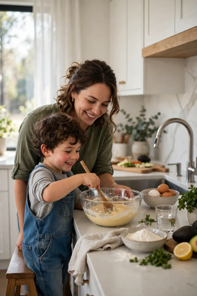 A parent and young child cooking together in a bright kitchen, the child stirring a mixing bowl with a wooden spoon
