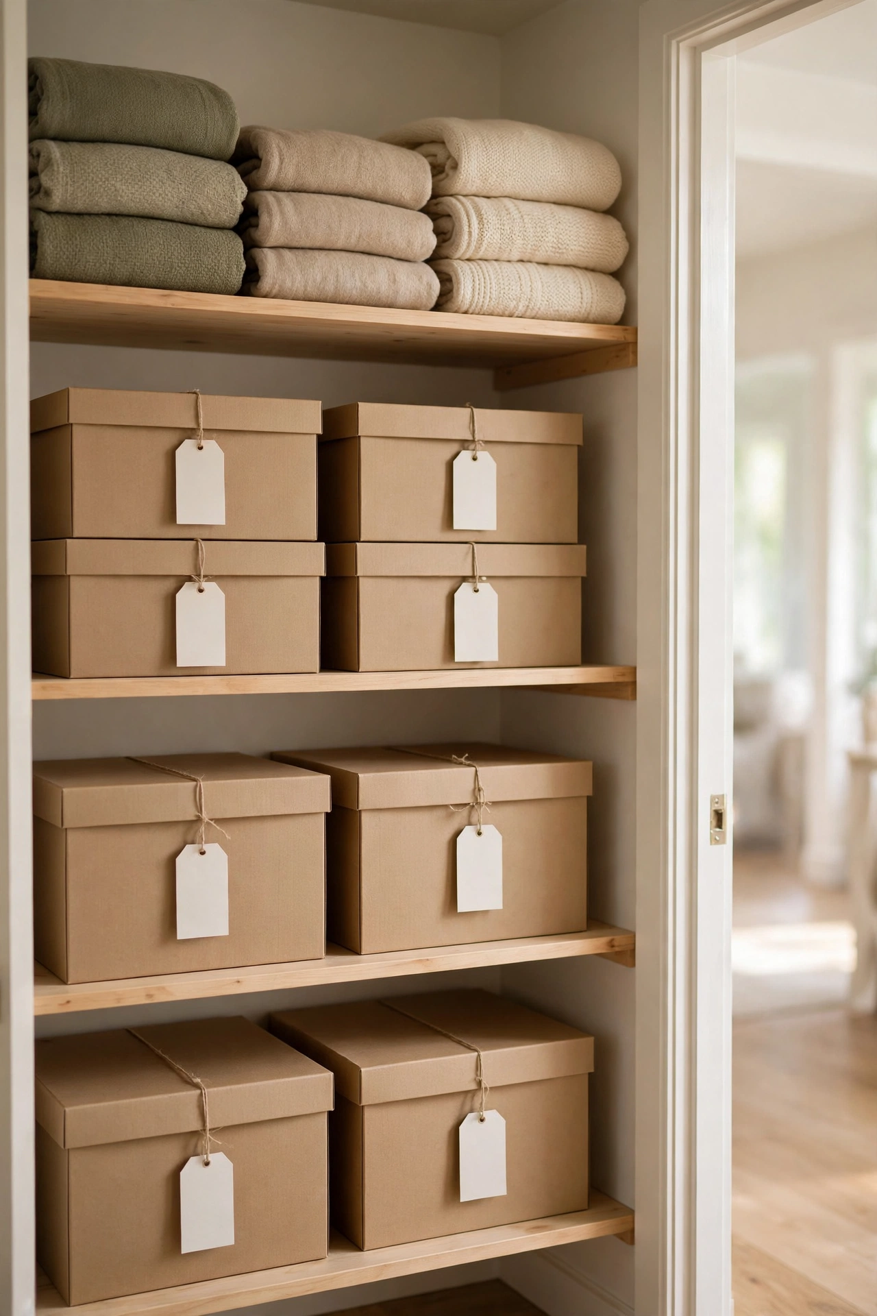 Neat closet with stacked labeled boxes for a toy rotation system