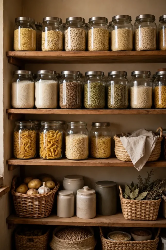 Well-stocked pantry with glass jars of grains, pasta, rice, and lentils on wooden shelves