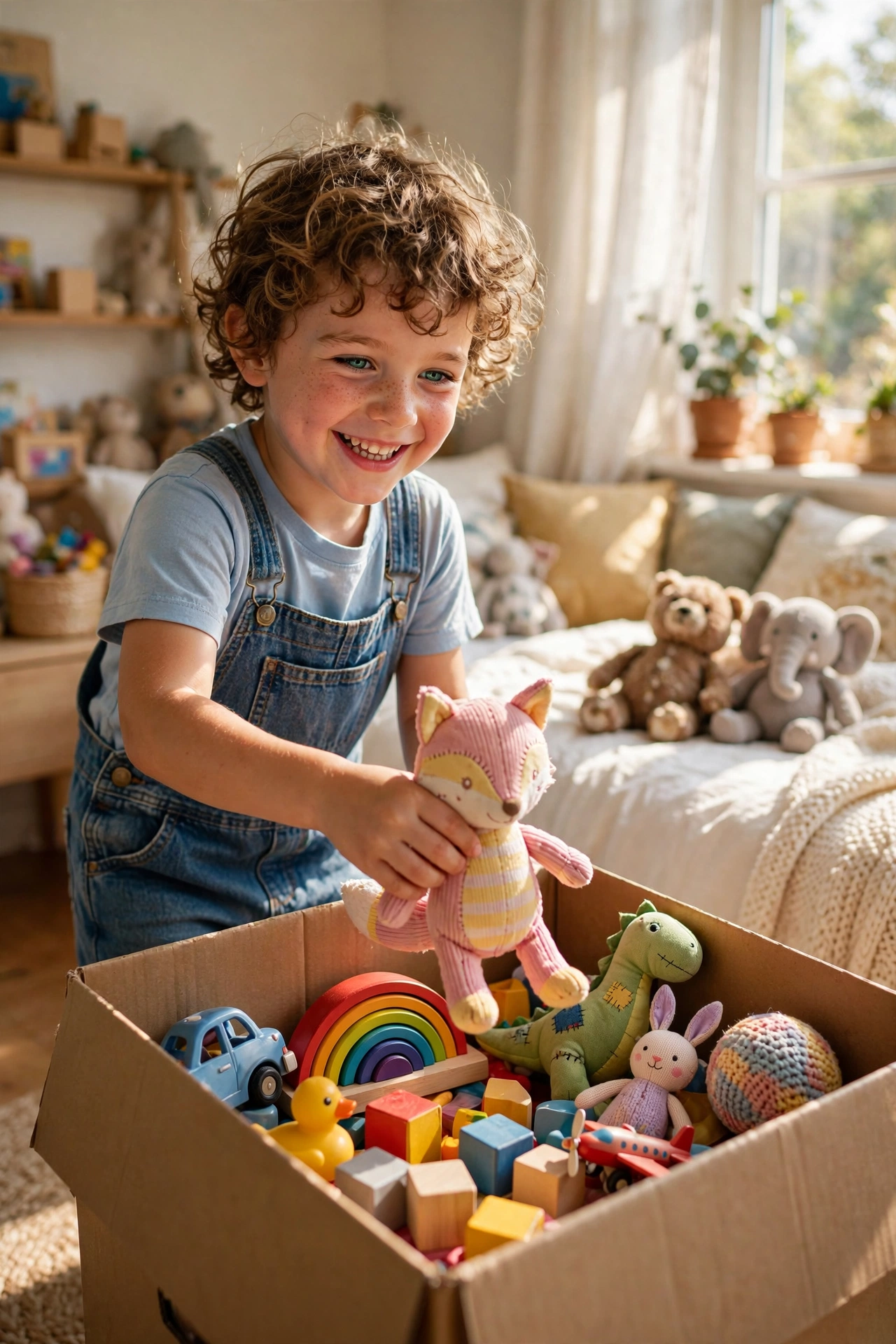 Happy young child placing toys into a cardboard donation box in a bright room