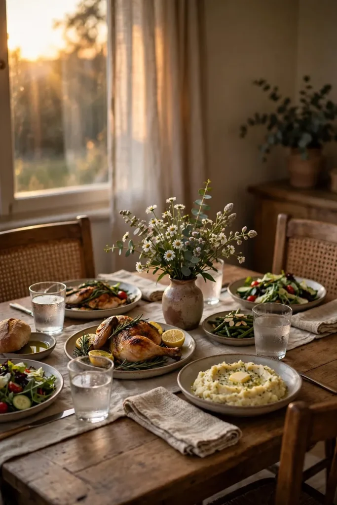 Family dinner table set with a shared home-cooked meal in warm evening light
