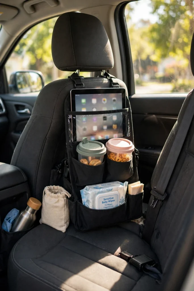 The tidy back seat of a family SUV with a back of seat organizer holding a tablet, snacks and wipes in warm daylight.