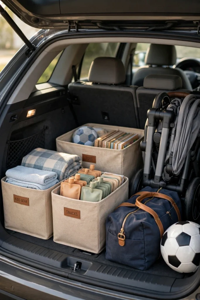 An open car trunk with neatly arranged bins, a folded stroller and sports gear in soft daylight.