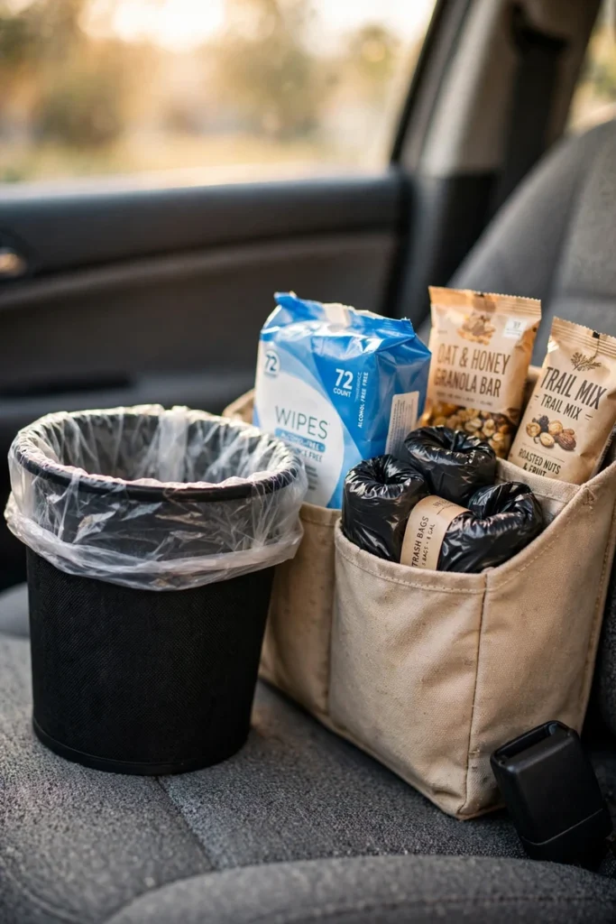 A close-up of a small car trash bin and a car caddy with wipes, bags and snacks on a car seat.