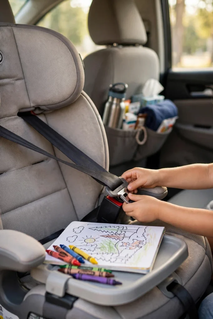 A child's hands buckling a clean organized booster seat area with a small activity tray.