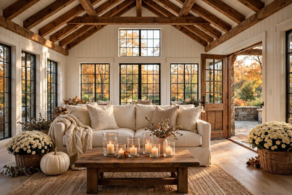 Cozy rustic living room centered in frame, with a cream linen sofa, a chunky knit throw, dark wood ceiling beams, a chunky wood coffee table, a woven jute rug, one large white pumpkin and pillar candles in glass hurricanes in golden afternoon light.