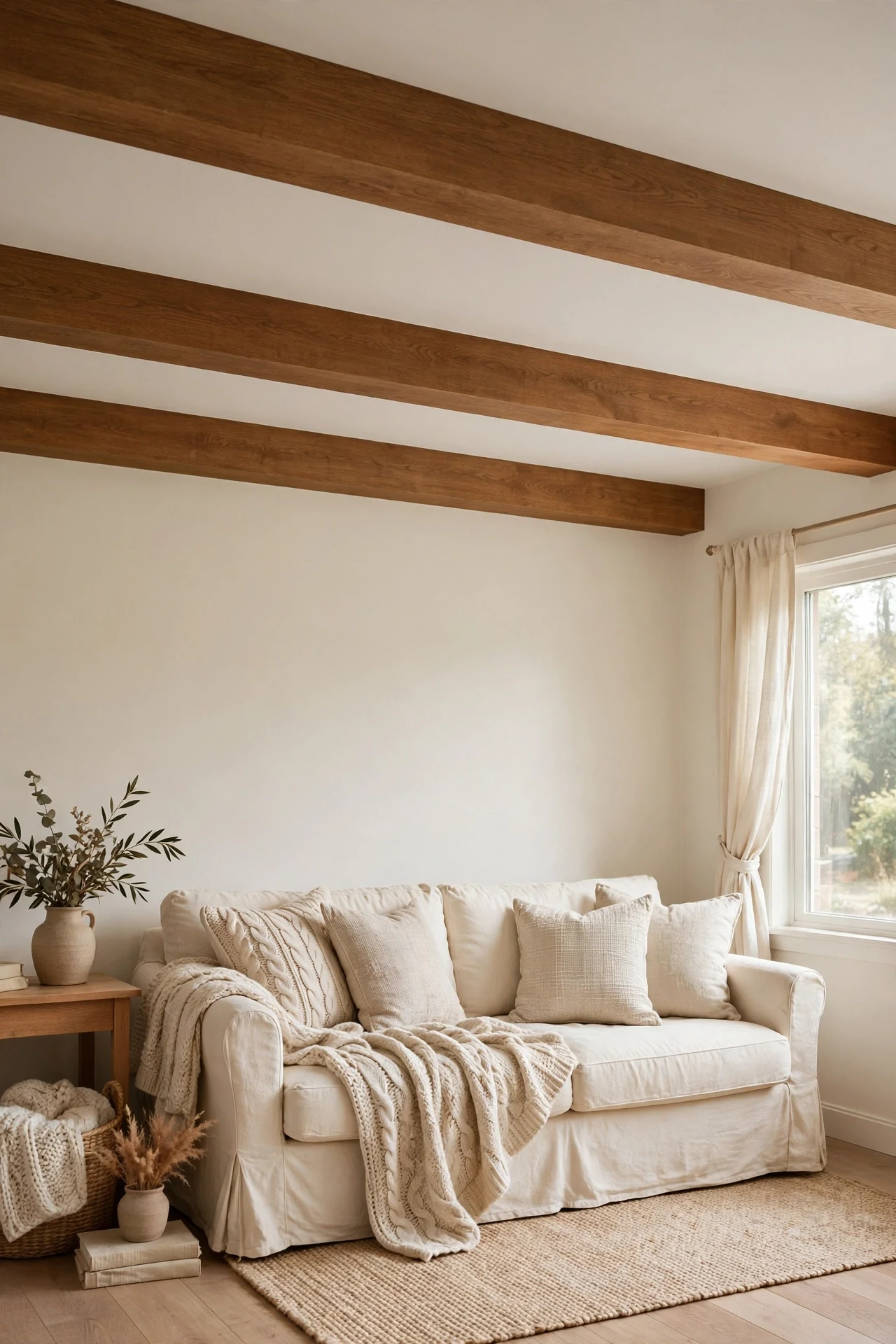 Living room with dark faux wood beams across a cream ceiling above a linen sofa, a chunky wood coffee table and a woven jute rug.