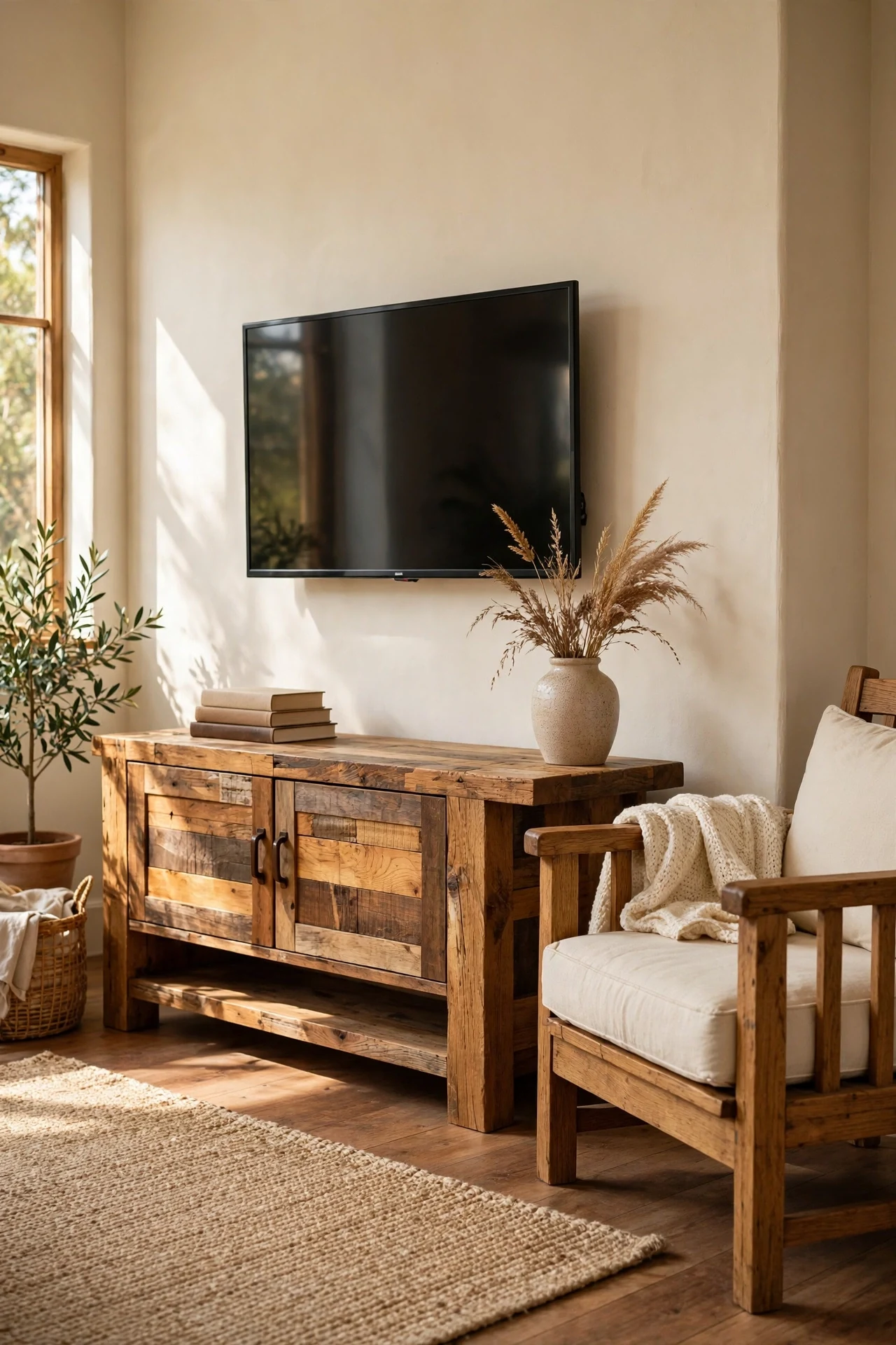 Rustic living room layered in warm wood tones, with a wood coffee table, wood side tables, picture frames and a cream linen sofa with neutral pillows.