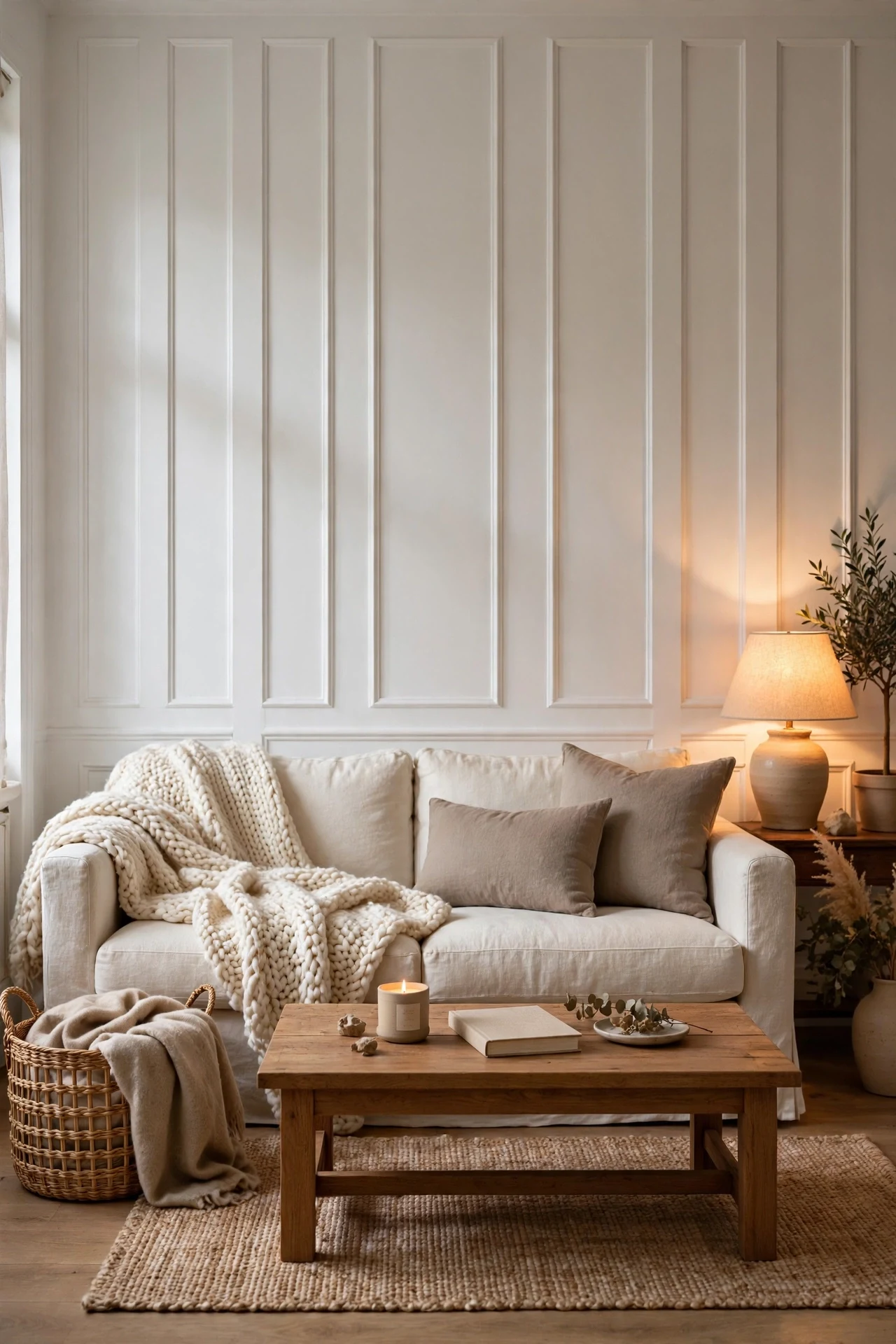 Cream board and batten wall behind a linen sofa in a cozy rustic living room with a jute rug and woven baskets.