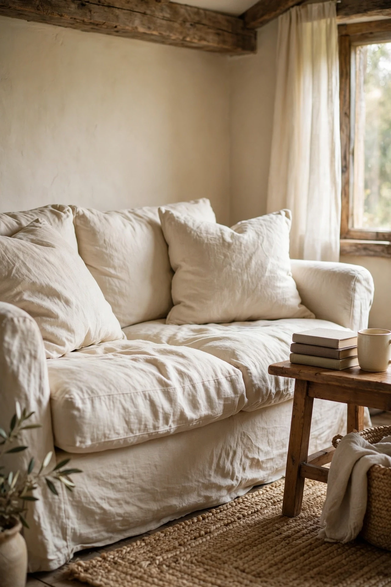 Cream linen sofa styled with textured neutral pillows and a chunky knit throw in a warm rustic living room with wood accents.