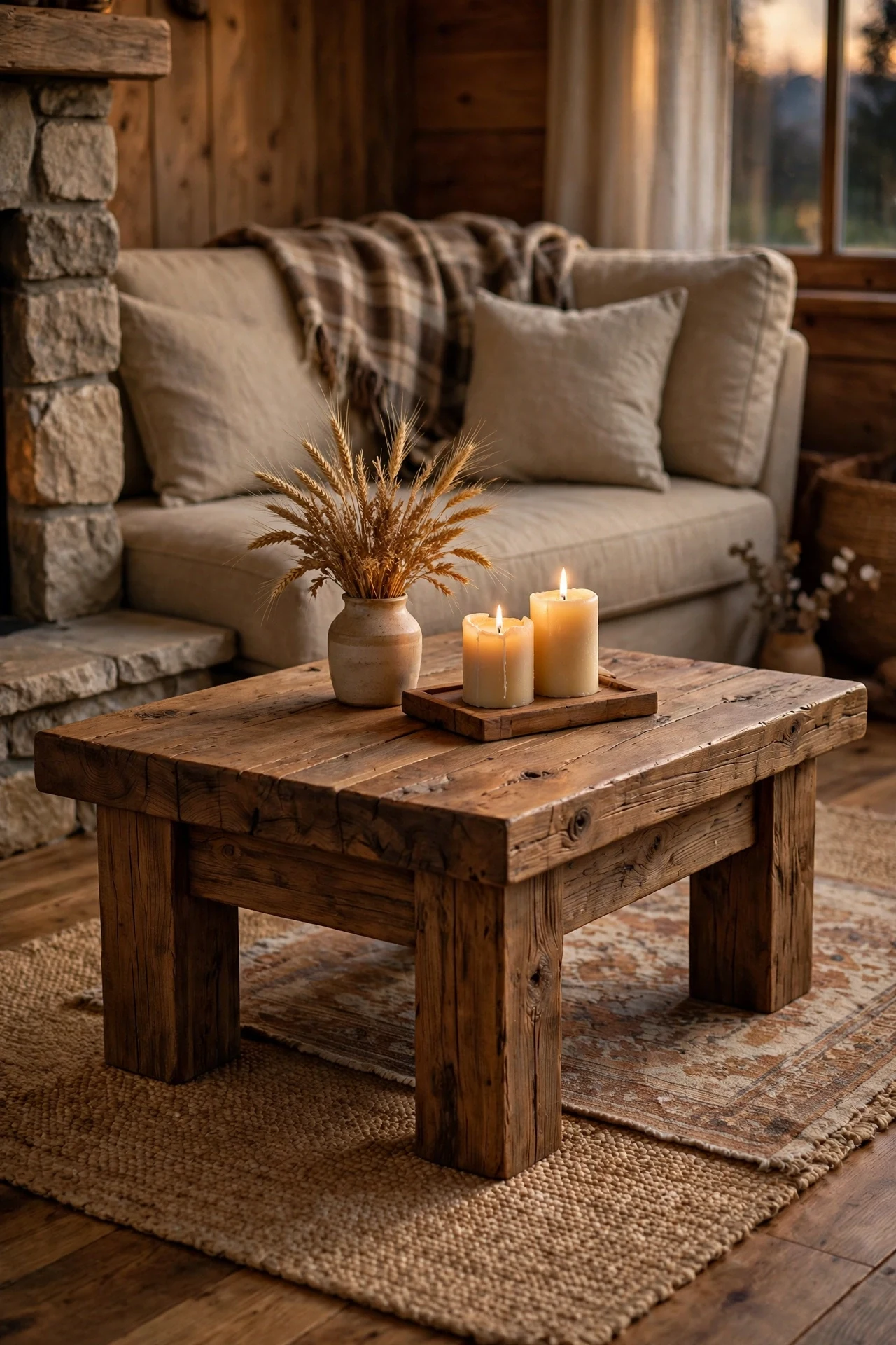 Solid chunky wood coffee table styled with a tray, stacked books and candles on a woven jute rug in front of a cream sofa.
