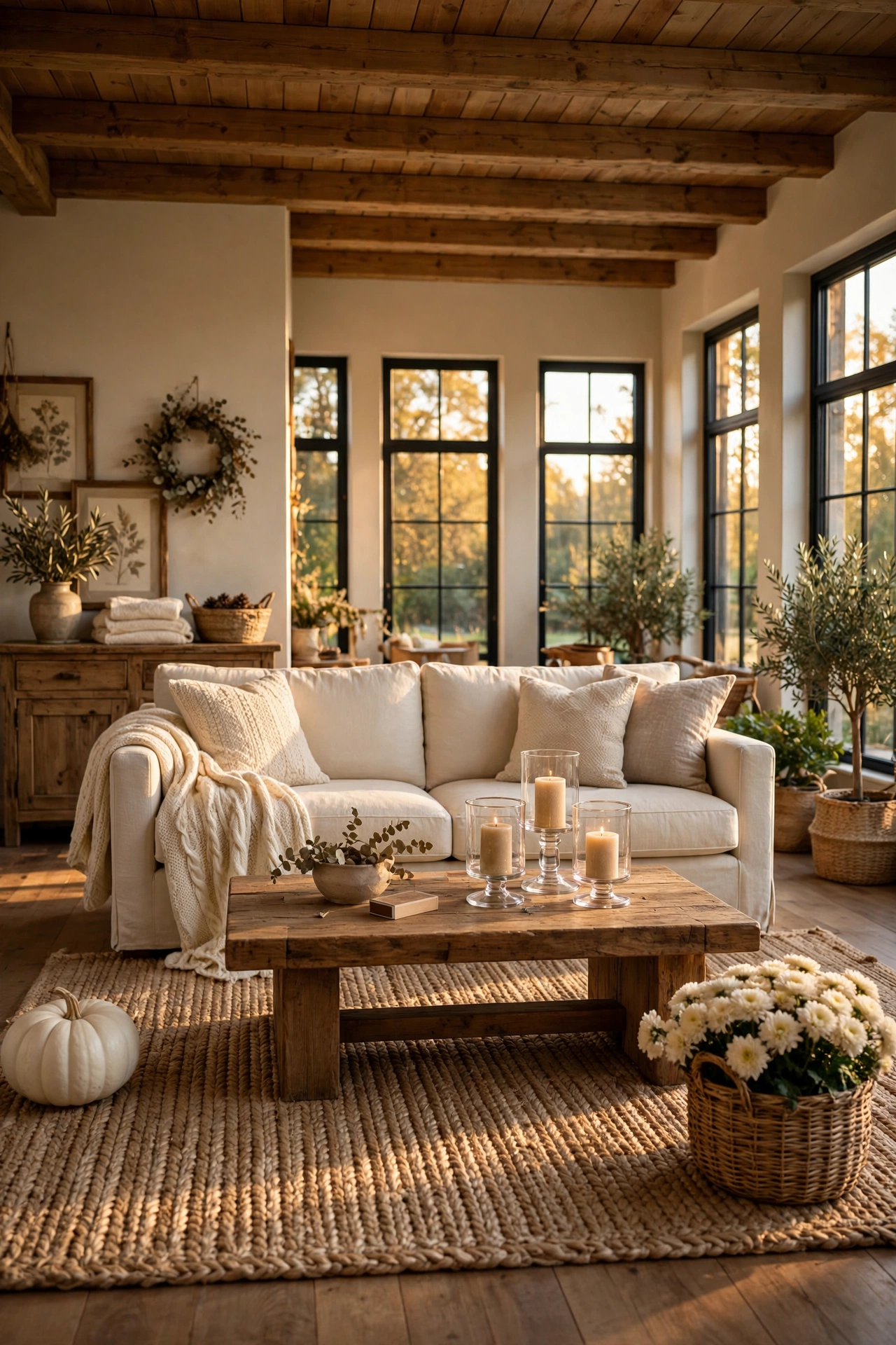 Wide view of a cozy rustic living room with a cream linen sofa, a chunky knit throw draped over the arm, a chunky wood coffee table, a woven jute rug, warm wood beams and tall windows.