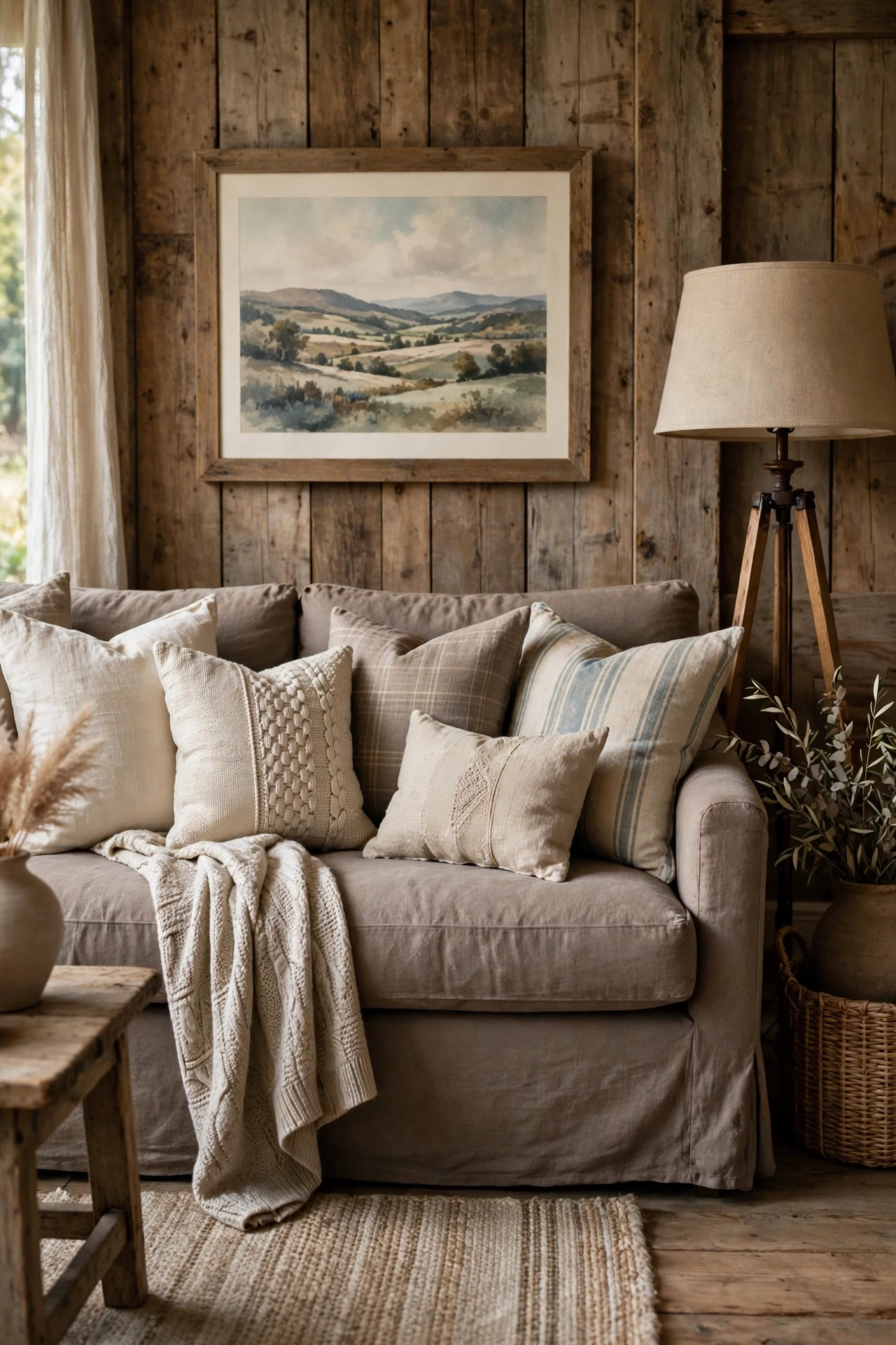 Cream sofa layered with pillows in cream, oatmeal and taupe, mixing linen, knit and woven stripe textures.
