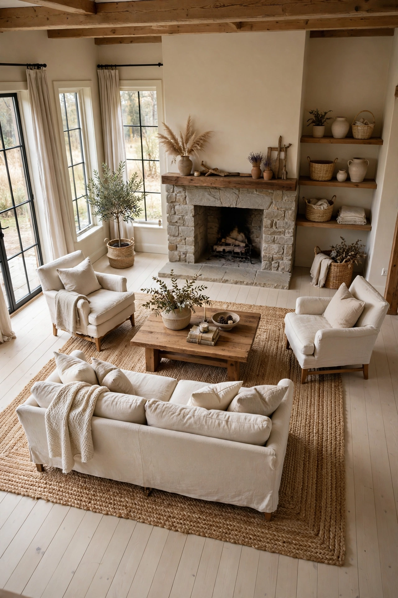 Wide view of a rustic living room with a large woven jute rug anchoring a cream sofa and armchairs around a wood coffee table, with a stone fireplace and pale wood floors.