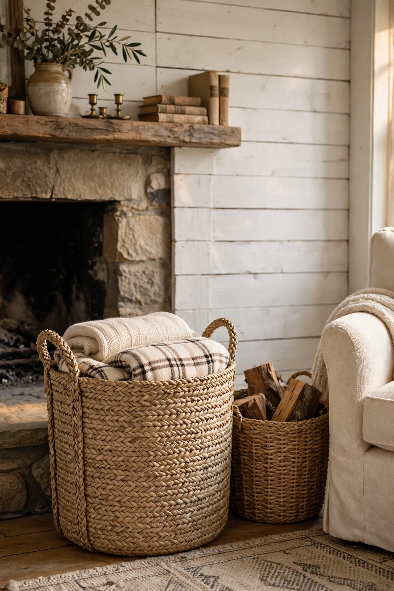 Large woven basket filled with folded cream throws beside a linen sofa in a rustic living room.
