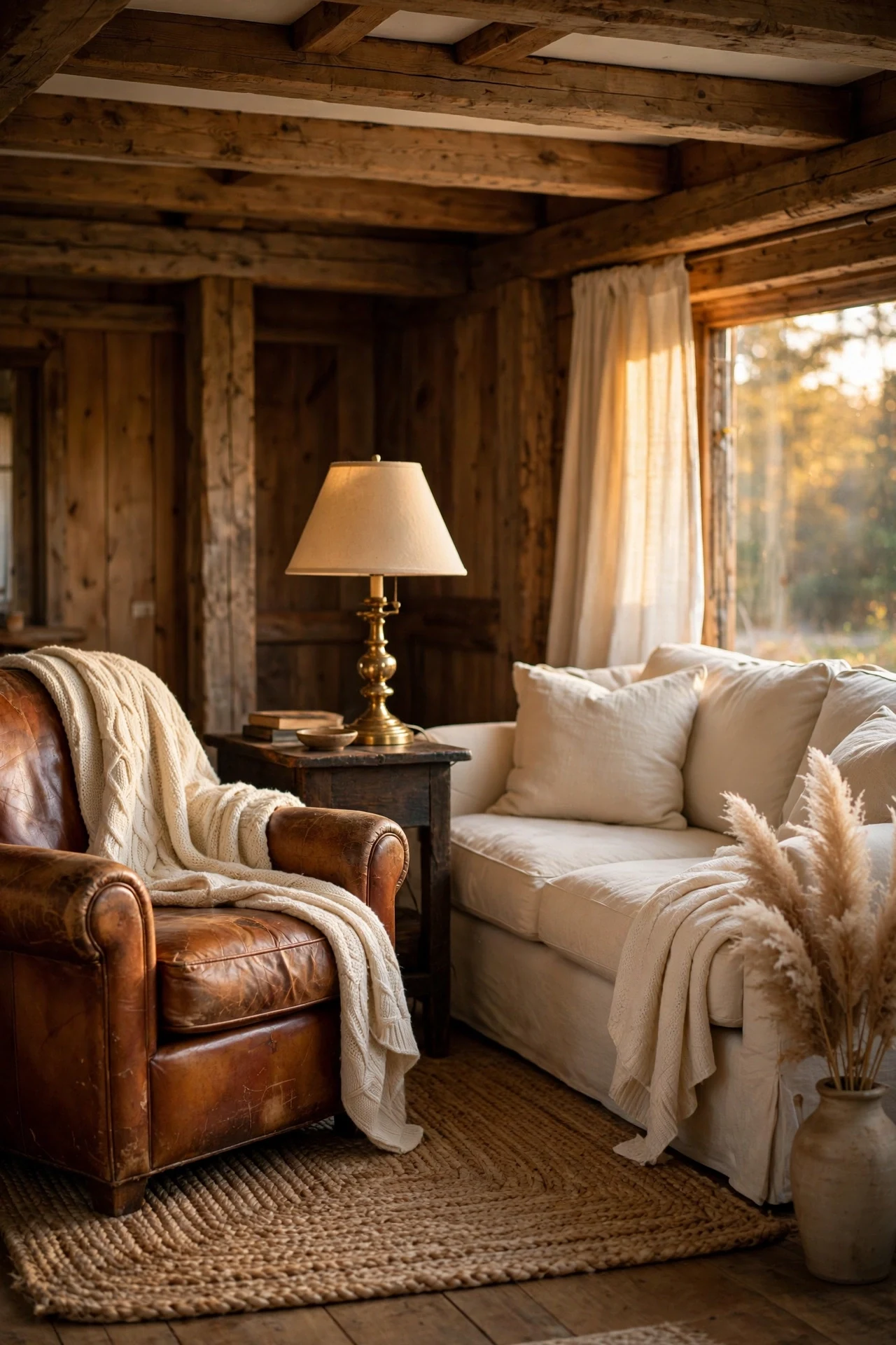Worn cognac leather armchair beside a cream linen sofa in a warm rustic living room with a jute rug and a wood side table.